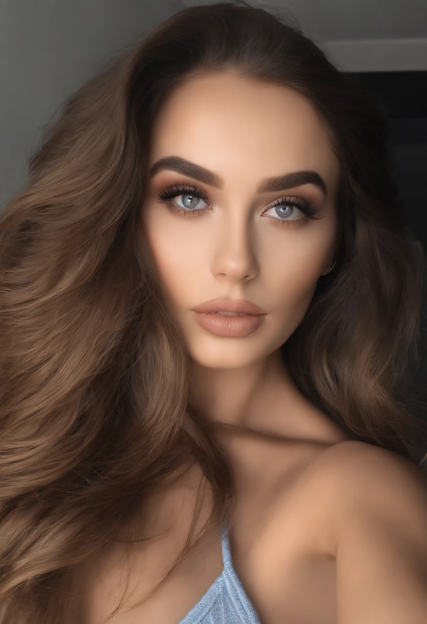 mulher arafed totalmente , com olhos azuis, ultra realistic, meticulosamente detalhado, Retrato Sophie Mudd, cabelos loiros e olhos grandes, selfie de uma jovem mulher, Olhos do quarto, Violeta Myers, sem maquiagem, maquiagem natural, Looking directly at the camera, Rosto com ArtGram, maquiagem sutil, impressionante tiro de corpo inteiro ajoelhado na cama, no quarto, Medium to large mestizo bust