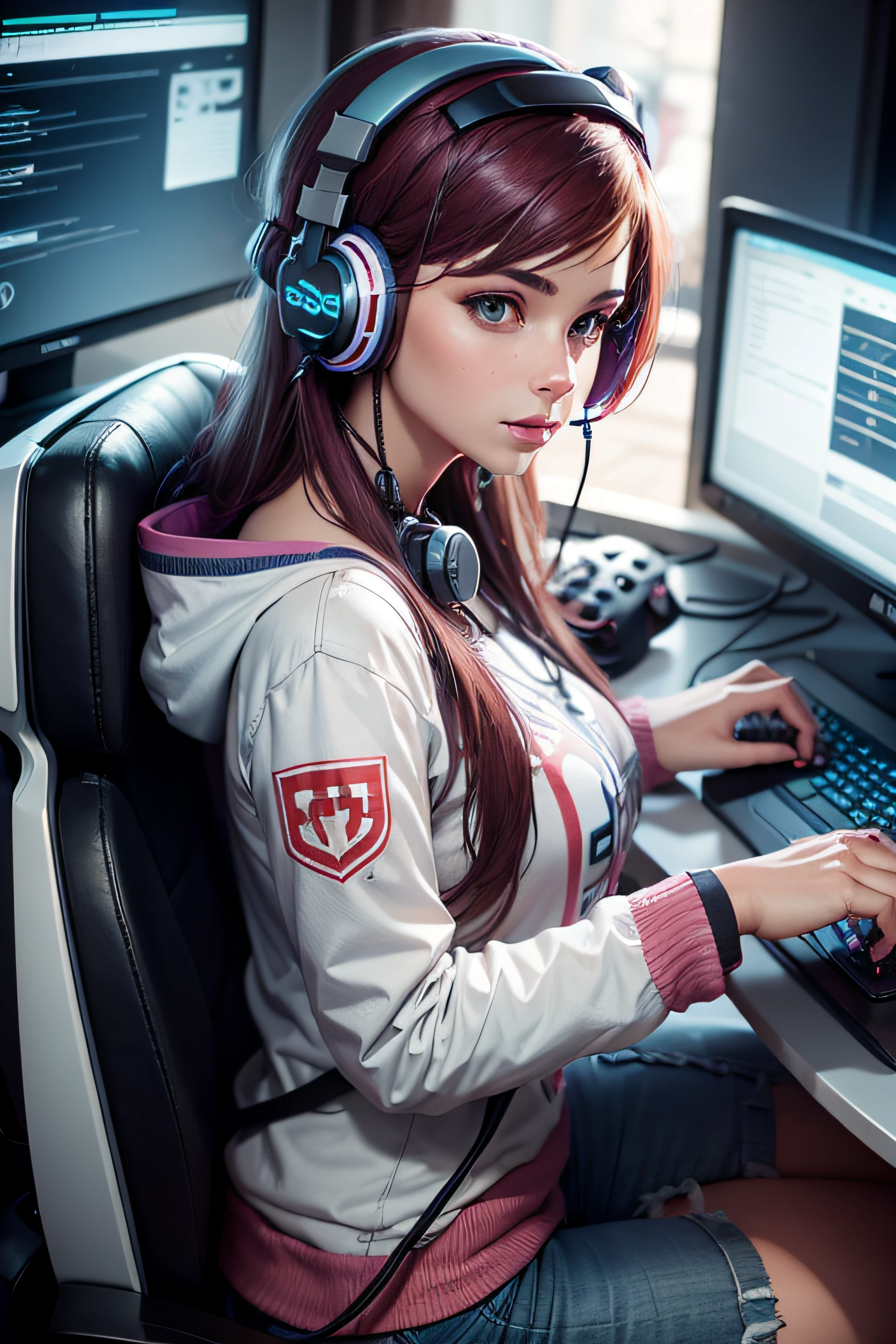 Woman with controller in hand and gamer headset
