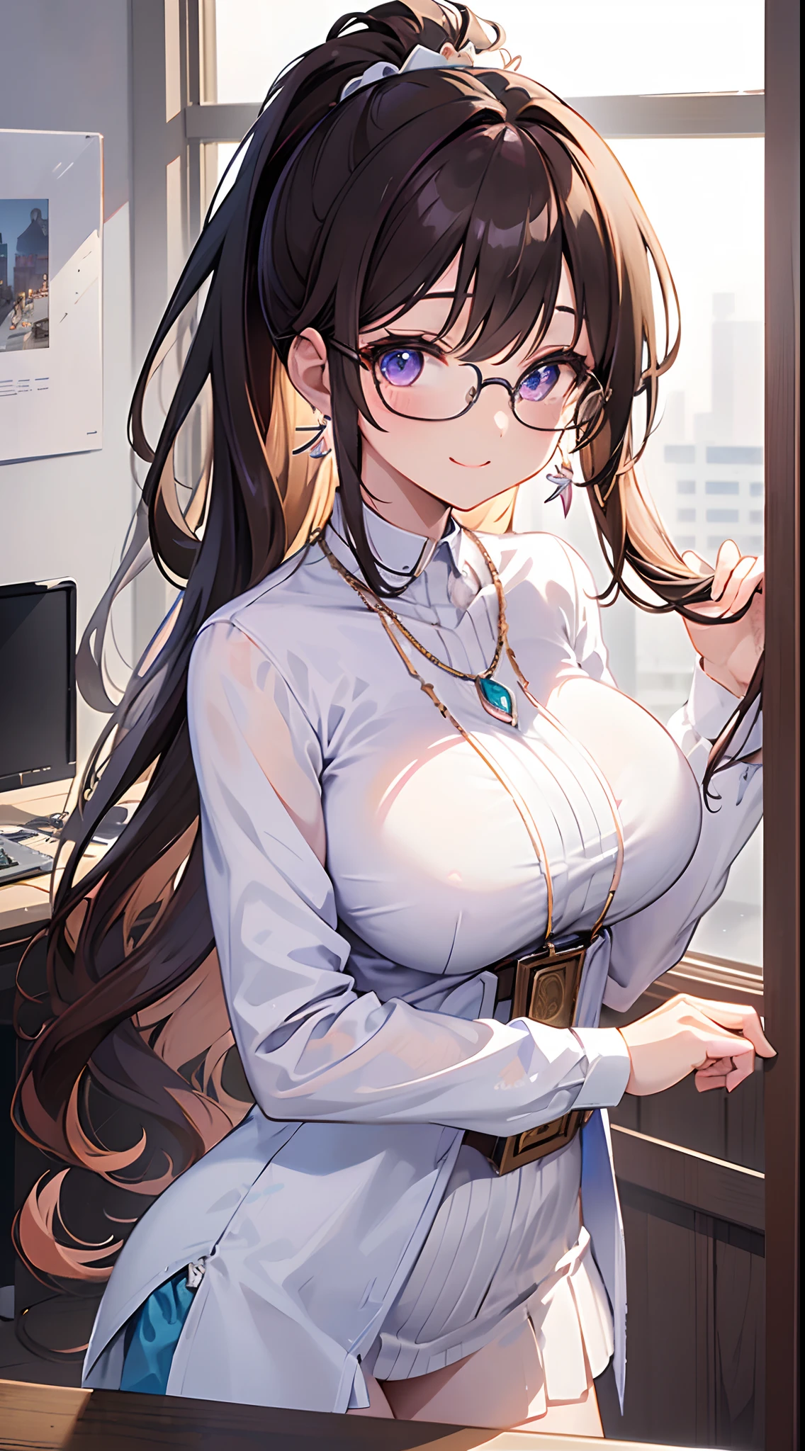 ((masterpiece)), ((best quality)), (ultra-detailed), ((kawaii)), cute, (lovely), ((sexy)), (ero), ((extremely detailed)), 4K, (8K), best quality, (beautiful), anime style, upper body, focus on the face, office, morning, a pretty woman, solo, suit, jacket, beautiful light brown hair, beautiful purple eyes, ((beautiful eyes)), white-skinned, ponytail, transparent hair, translucent hair, large breast, glasses, earrings, necklace, cup, coffee, smile, reflection effect