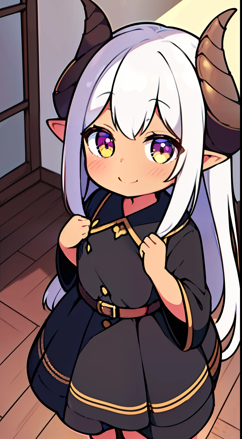 (Original Character,8k, Masterpiece, Best Quality,Detailed, Beautiful Detailed Eyes, solo),((1loli girl,4 )),((small body)),(brown skin),little black dress,white hair,long hair,yellow eyes,elves ears,horns,loli,solo,cute,smile,(standing in a room in house),shy,blush,cowboy shot
