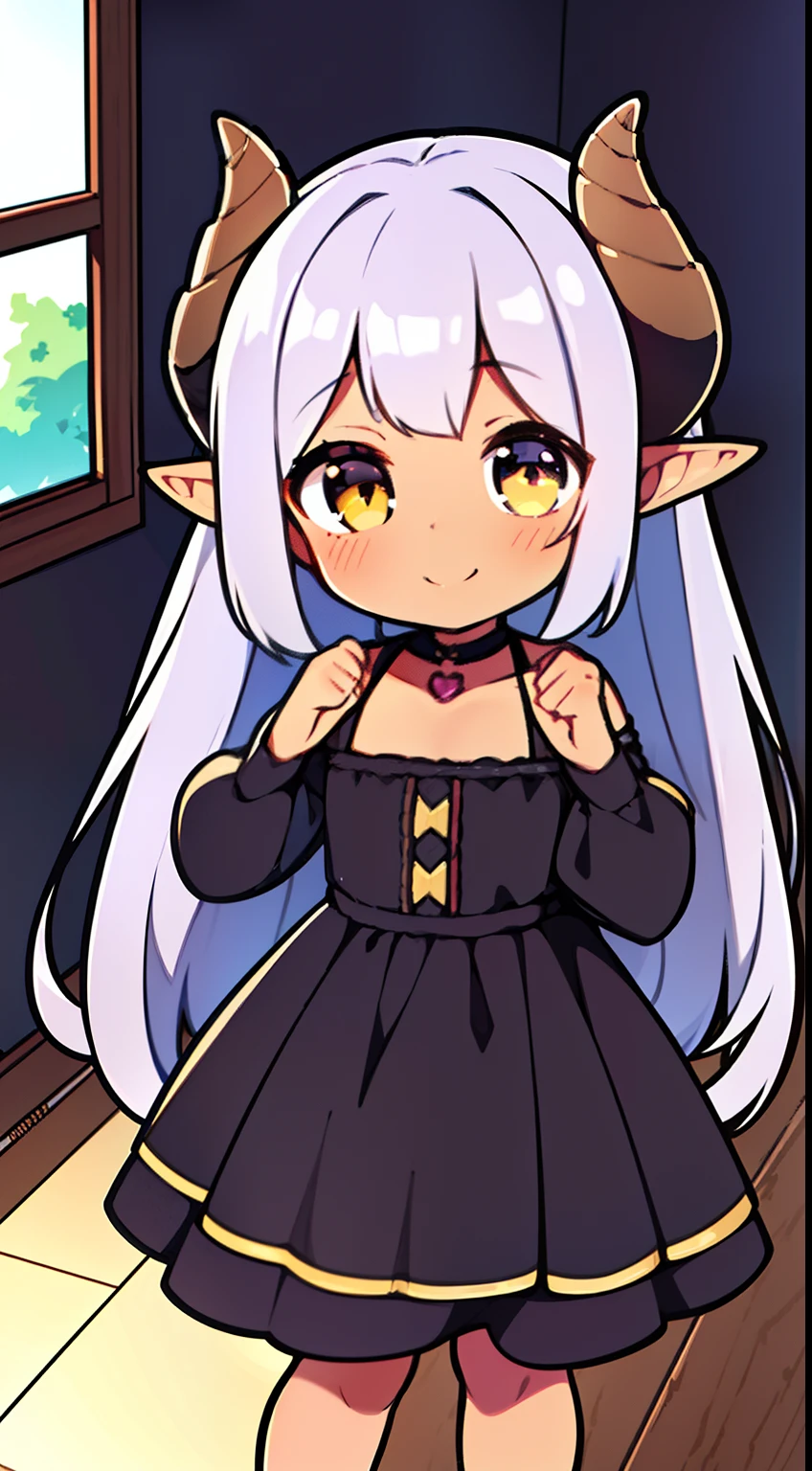 (Original Character,8k, Masterpiece, Best Quality,Detailed, Beautiful Detailed Eyes, solo),((1loli girl,4 years old)),((small body)),(brown skin),little black dress,white hair,long hair,yellow eyes,elves ears,horns,loli,solo,cute,smile,(standing in a room in house),shy,blush,cowboy shot