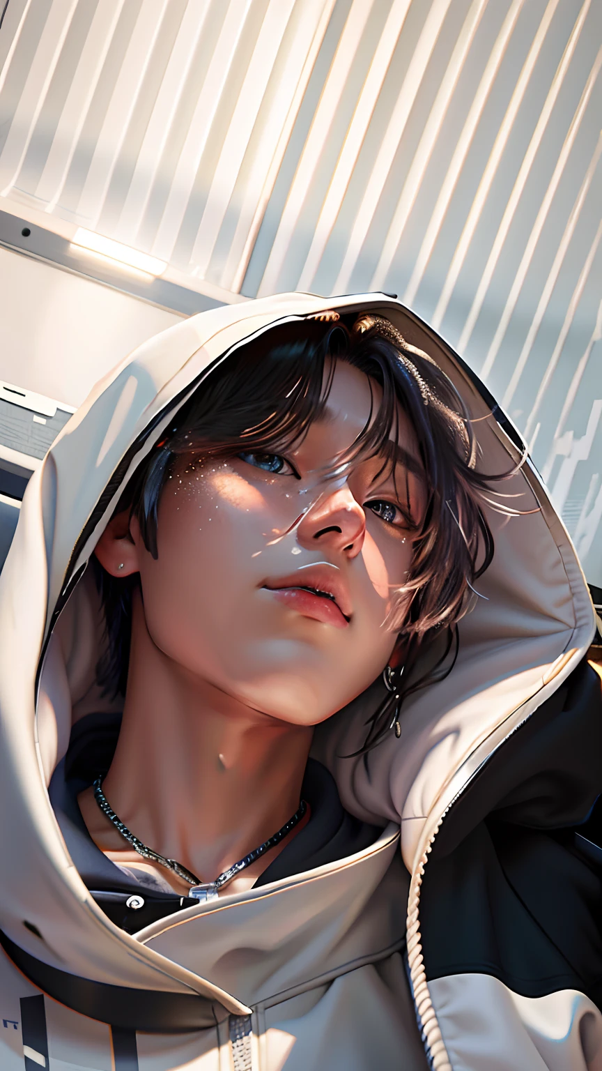 there is a man in a hoodie looking up at the camera, portrait of ultra realistic, artwork in the style of guweiz, photorealistic artstyle, low detailed. digital painting, realistic portrait, photo-realistic face, realistic. cheng yi, realism artstyle, photo realistic portrait, hyperrealism artstyle, photorealistic face, [ realistic photo ]!!