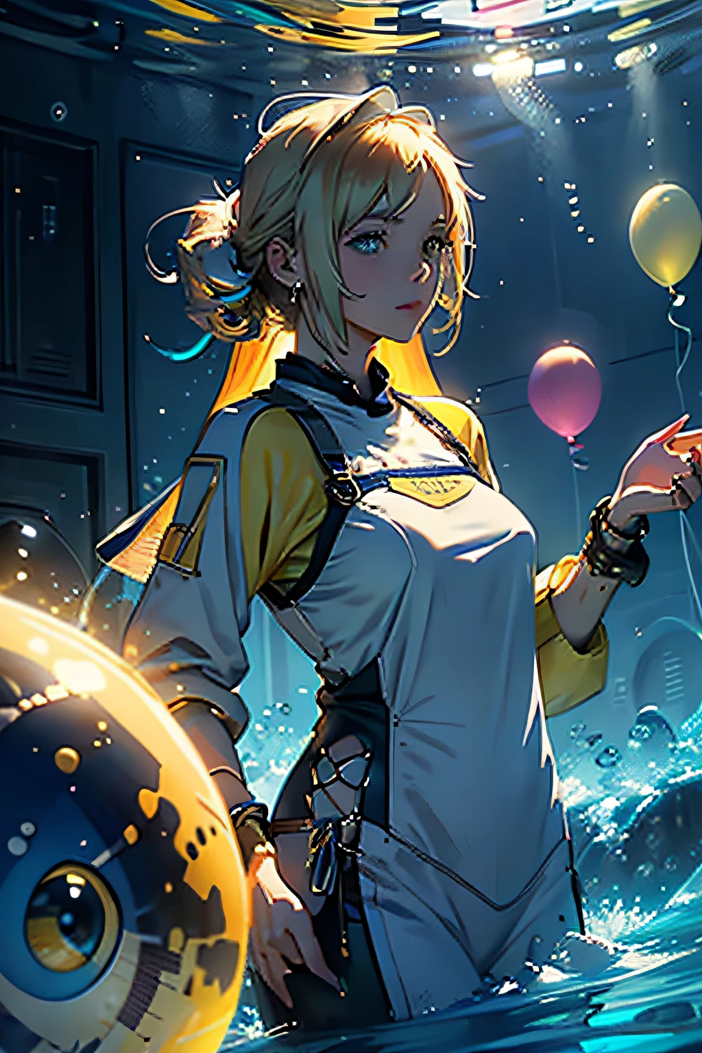 Realistic, charismatic, Very detail, There was a woman in the sky..,Beautiful Cook.,Enter balloons..,reflections,Under the sea gradient,Celebrities, yellow and blue calls, looking at the audience.