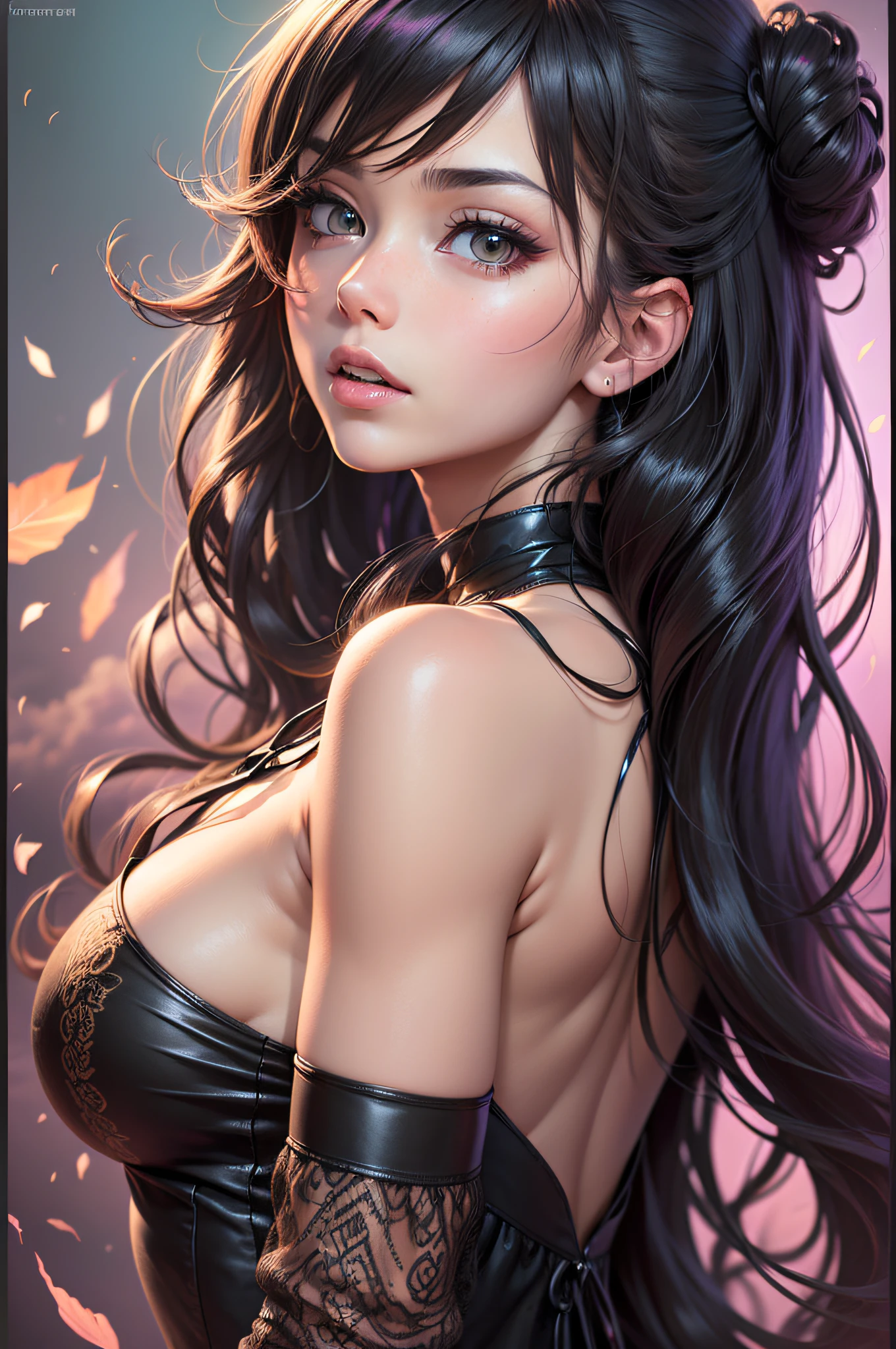 ((tmasterpiece,Fondo de pantalla 4k,Mejor calidad)), One Anime chicas, vestido negro, cabello negro, Cabello largo, Cuerpo tetono, muslos lisos, Vista de cuerpo completo, seduction expression、lanzamiento de hechizos