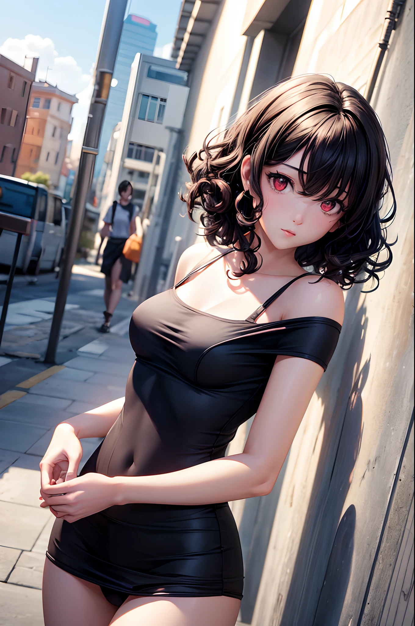 1girl, Beautiful girl, Body length 150 cm, 20 years old, (short hair hair), (Black hair, curly hairstyle) , (red eyes), realistic eyes, beautiful and sharp eyes), simple casual clothes, small breasts, (8k wallpaper), (street background) 8k, Quilty Altitude, Realistic, Beautiful realism, outstanding detail, RAW photo, Realistic clothes, Black hair, realistic hair, realistic eyes, Light and cool lighting, realistic photo, Cel shaded, Gel lighting, ultra-detail, anime style