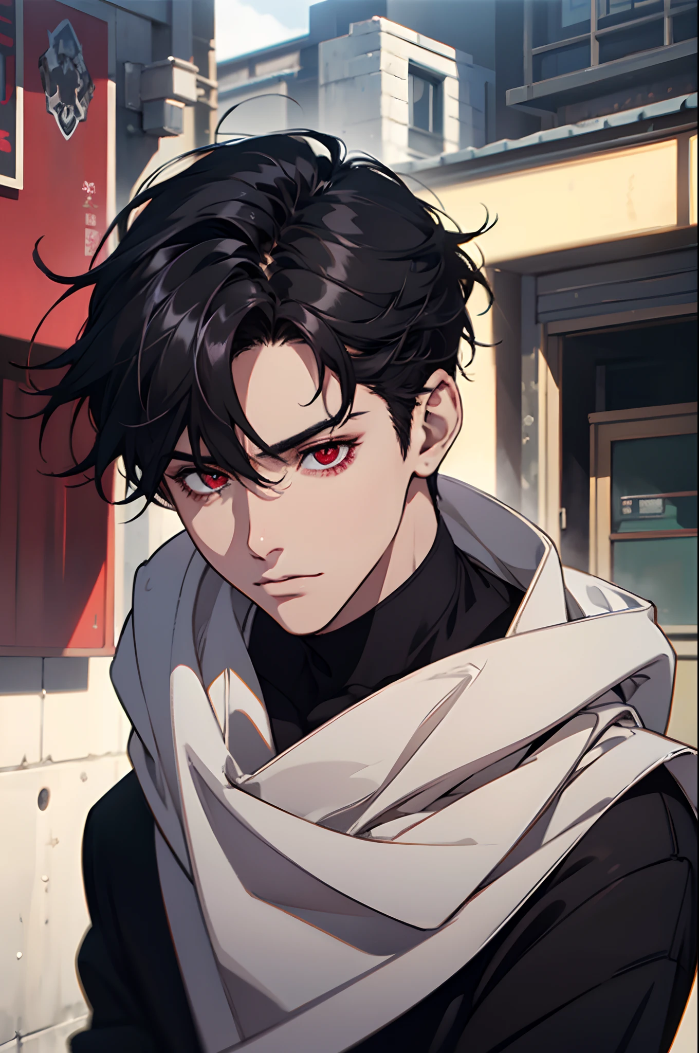 1boy, beautiful boy, Body Length 180, 20 years old, (short black hair, street Hairstyle) , ((Red eyes)), realistic eyes, beautiful and sharp eyes), masculine clothing, simple casual, muscles, (8k wallpaper), (Street wallpaper) 8k, high quilty, realistic, beautiful realistic, Cool details, raw photo, realistic clothing, black hair, realistic hair, realistic eyes, Light and cool lighting, photo realistic, Cel shaded, Gel lighting, ultra details