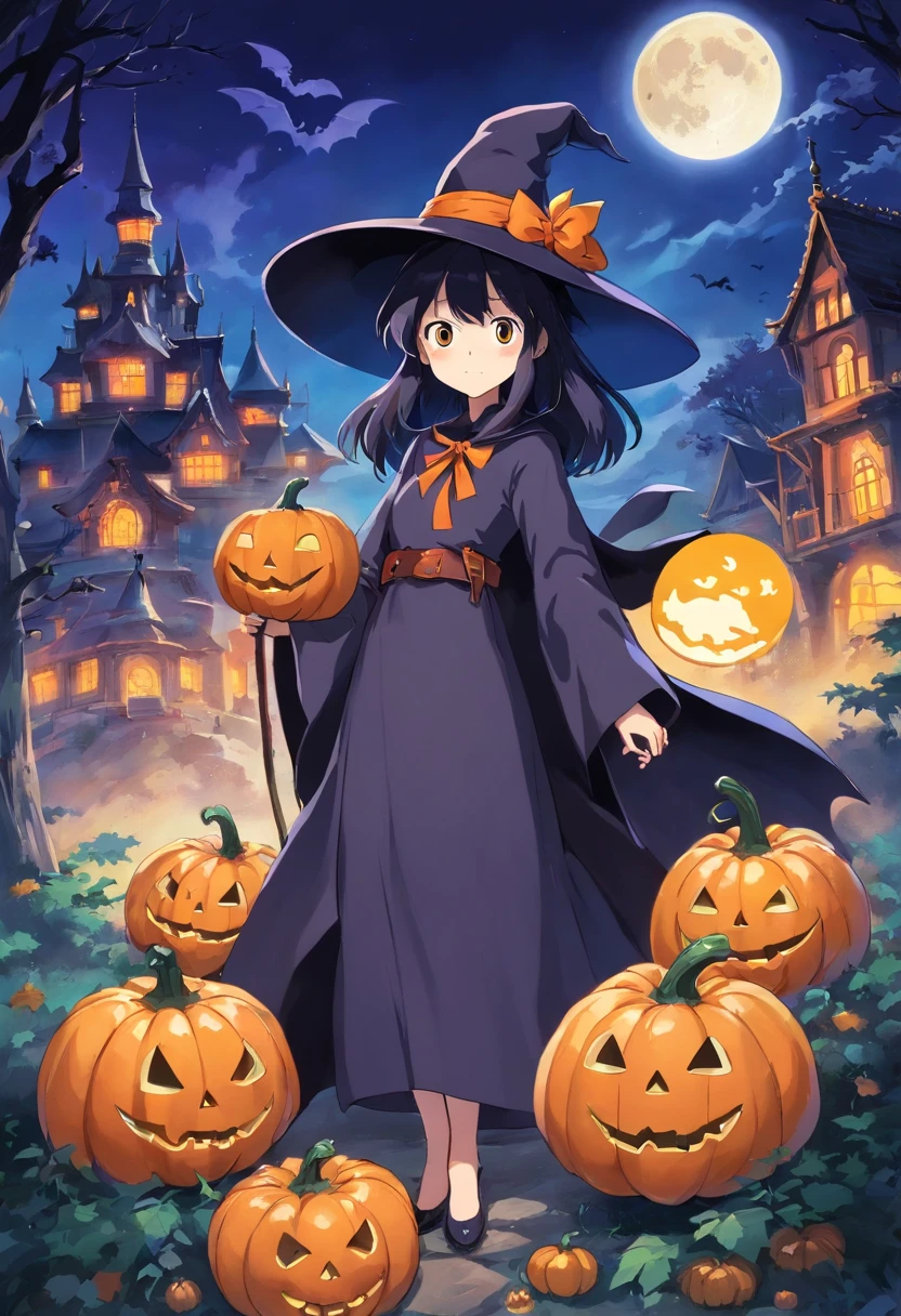 Halloween Elements, Watercolor art: Black bat, Ghost Pumpkin Ghost, Ghost Moon, Ghost Broom, Purple Talking Hat Witch, Spider with yellow and black stripes, Witch's Castle, Magic black background, Simple images with special sticker illustrations、The upper part of the body、Clothes with attractive shoulders、Light blue long hair、Looking at the camera、Kamimei、