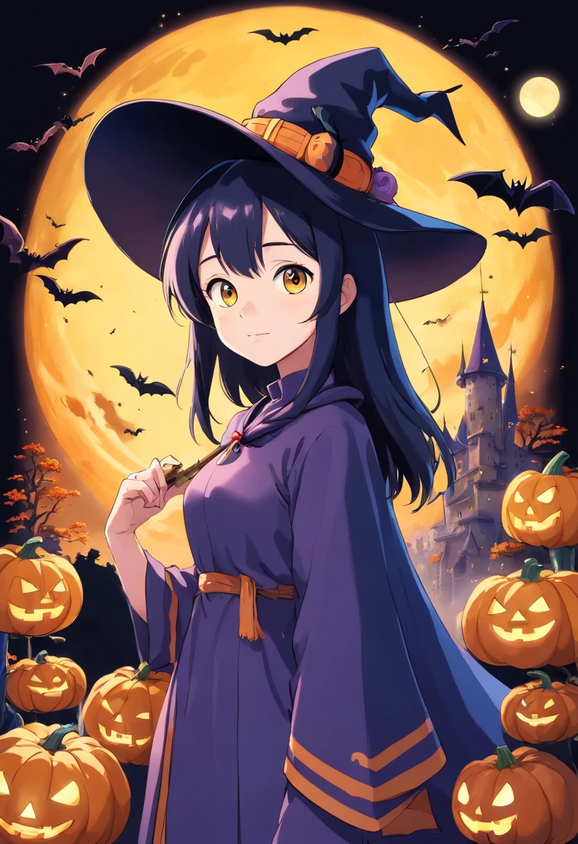 Halloween Elements, Watercolor art: Black bat, Ghost Pumpkin Ghost, Ghost Moon, Ghost Broom, Purple Talking Hat Witch, Spider with yellow and black stripes, Witch's Castle, Magic black background, Simple images with special sticker illustrations、The upper part of the body、Clothes with attractive shoulders、Light blue long hair、Looking at the camera、Kamimei、