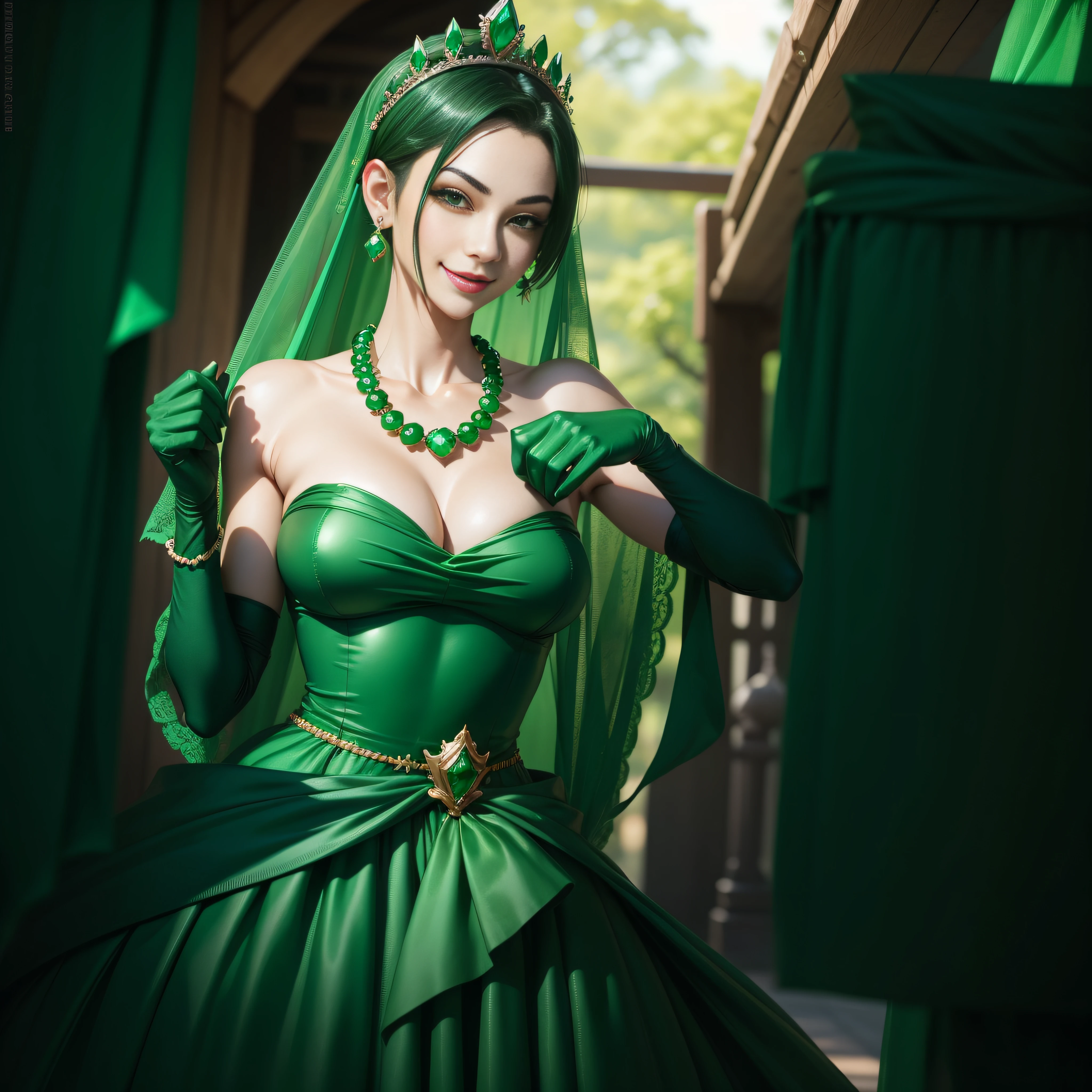 emerald tiara, Green Pearl Necklace, Boyish very short green hair, lipsticks, Japan woman smiling, very short short hair, big breasts beautiful, Green eyes, Long green gloves made of satin material, Green eyes, Emerald Earrings, Green dress, holding swords