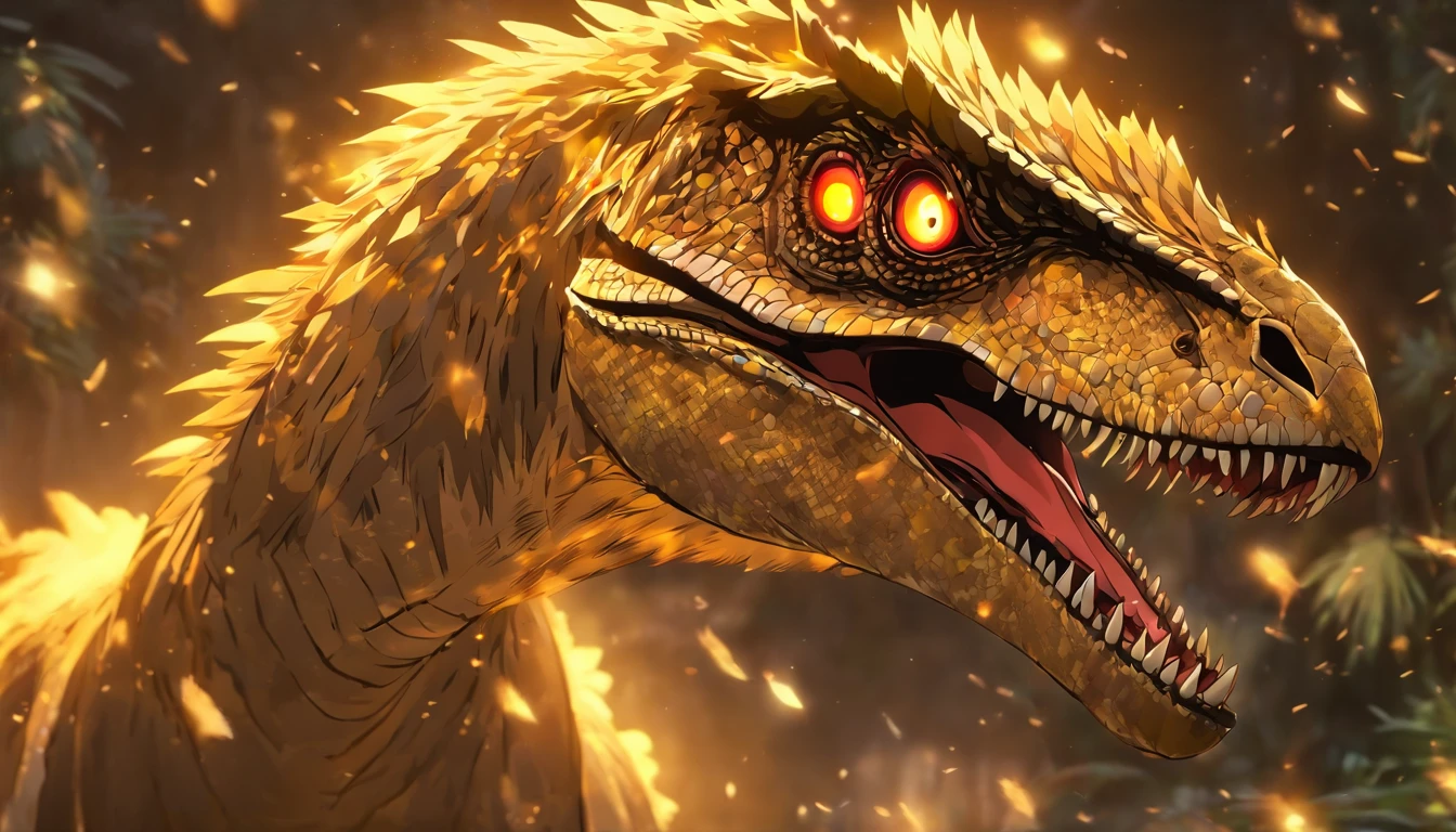 Velociraptor, gold and glowing gold, guiding across the land, Guidance, masterpiece, best quality