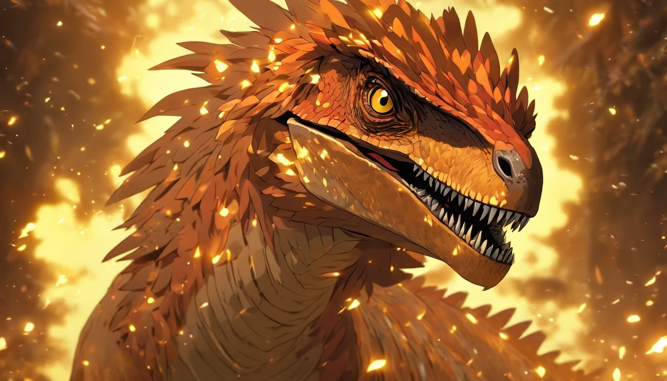 Velociraptor, gold and glowing gold, guiding across the land, Guidance, masterpiece, best quality