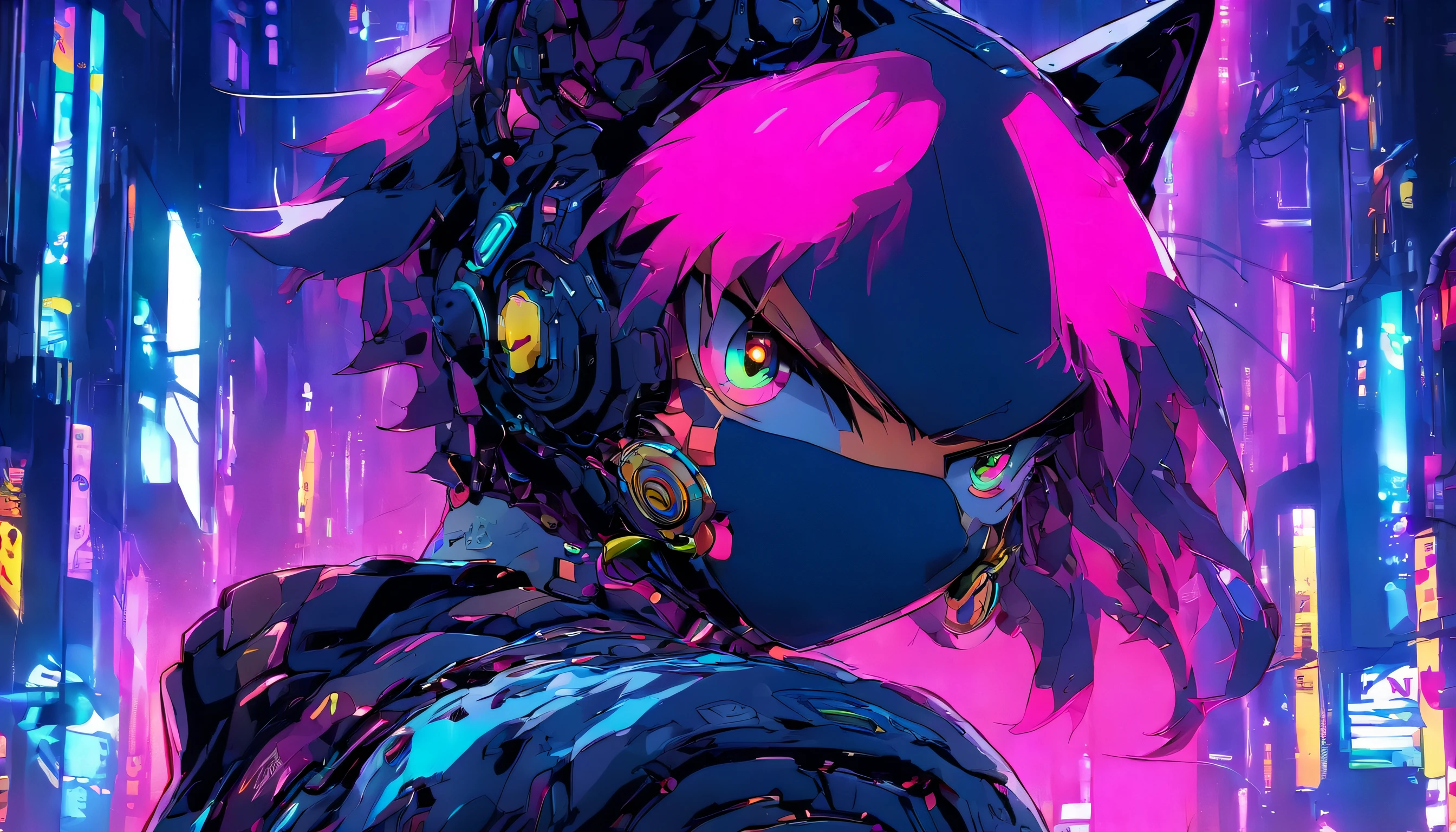 cat, cyborg part, cyberpunk, raccourcissement, profondeur de champ, masterpiece, Best quality, Regarder le spectateur, 8k, high resolucion,