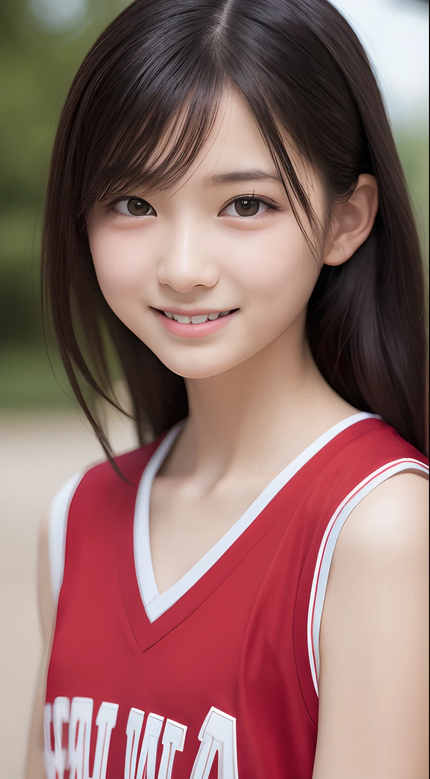 masutepiece, Best Quality, 8K, , Raw photo, absurderes, award winning portrait, Smile, Smile, Solo,Idol face, Delicate girl, Upper body, Digital SLR, Looking at Viewer, Candid, Sophisticated, zora々Right, Thin arms, Professional Lighting, Film grain, chromatic abberation, (Eyes and faces with detailed:1.0), (Bokeh:1.1) , basketball uniform