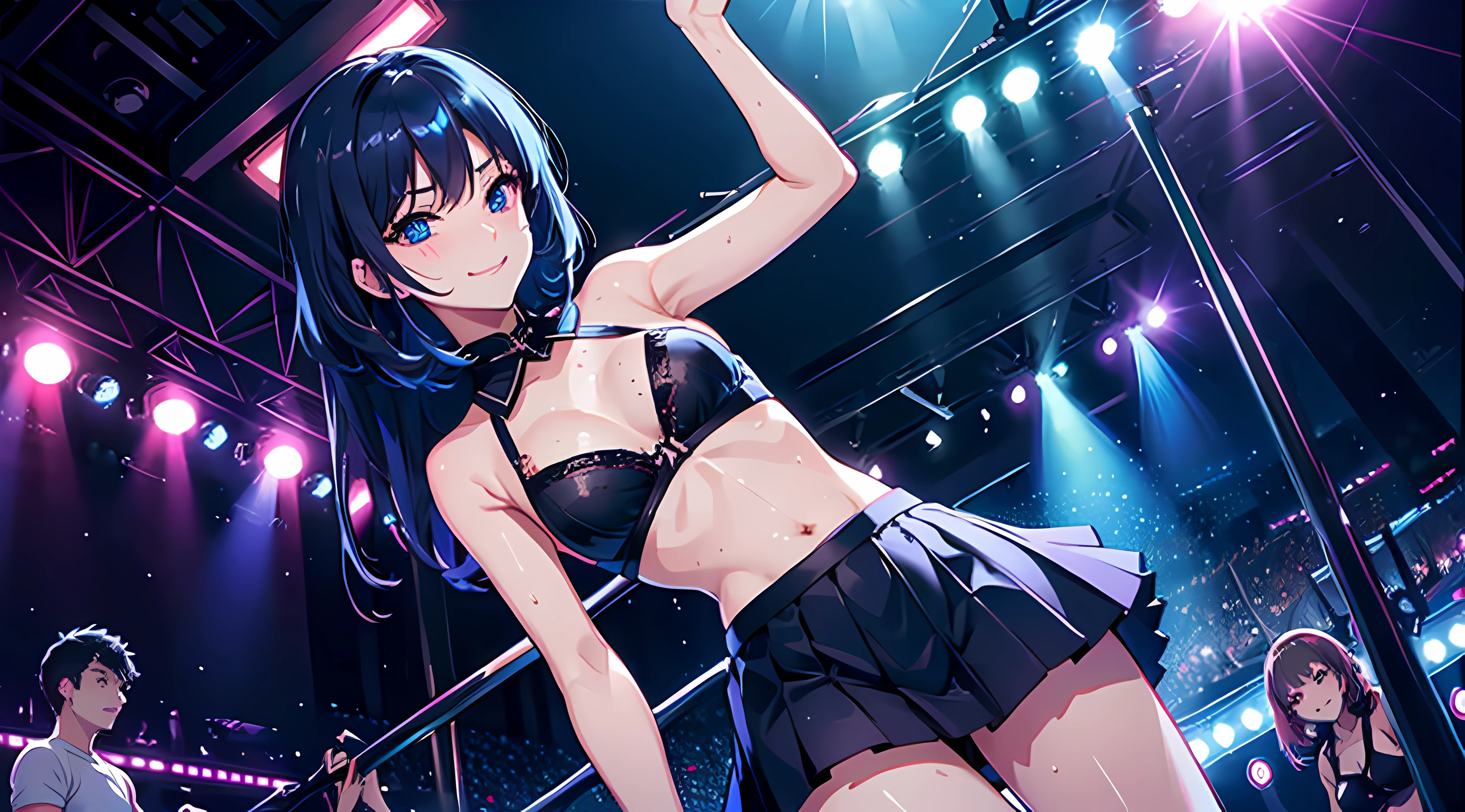 lighting like a movie、top-quality、Pole Dancing Women、Eyes from below、on a stage、smirk smile、full of sweat、Wearing sweat、short skirt, blue eyes, bra, nsfw, stripclub