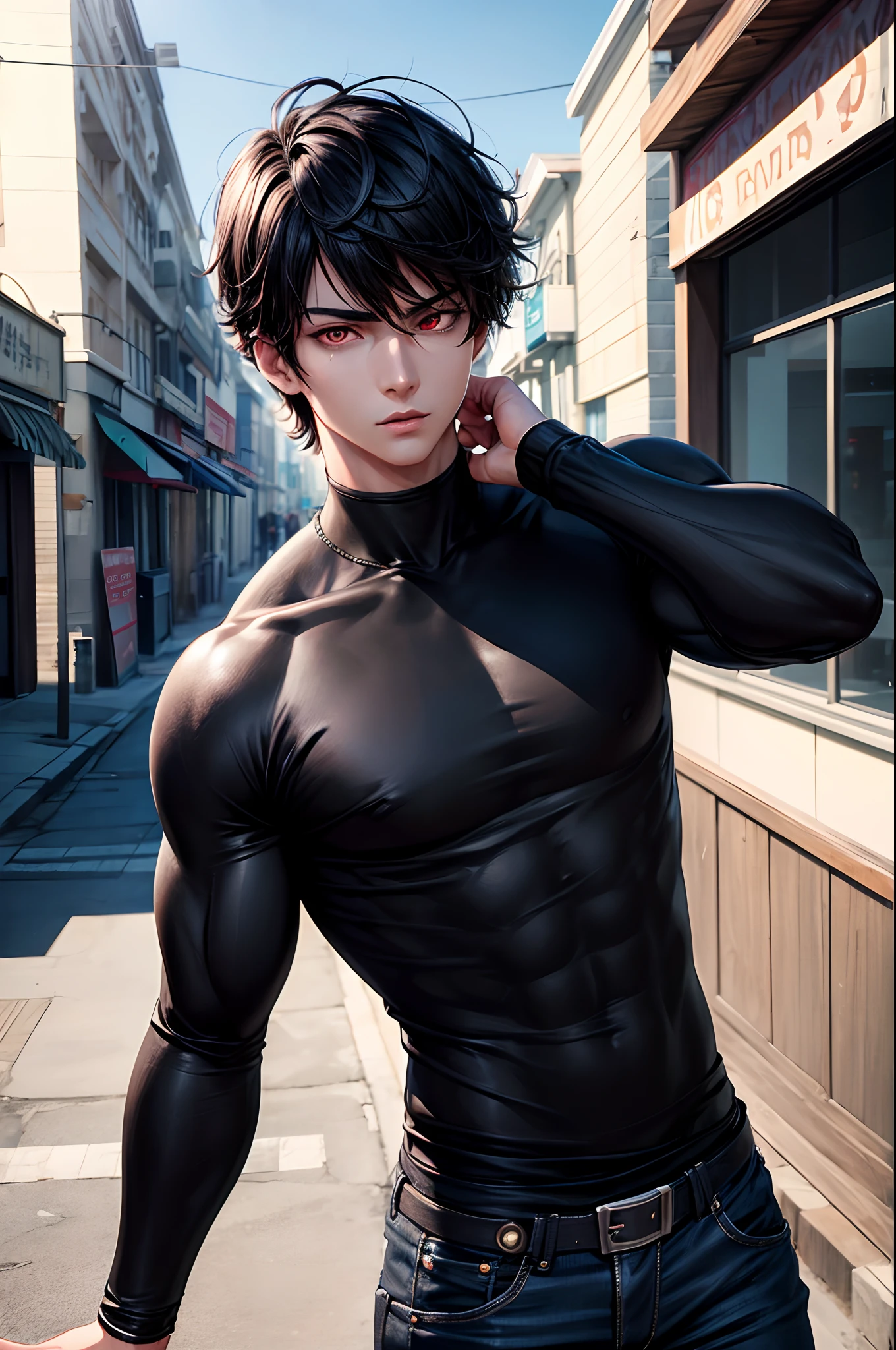 1boy, beautiful boy, Body Length 180, 20 years old, (short black hair, street Hairstyle) , ((Red eyes)), realistic eyes, beautiful and sharp eyes), masculine clothing, simple casual, muscles, (8k wallpaper), (Street wallpaper) 8k, high quilty, realistic, beautiful realistic, Cool details, raw photo, realistic clothing, black hair, realistic hair, realistic eyes, Light and cool lighting, photo realistic, Cel shaded, Gel lighting, ultra details, anime style