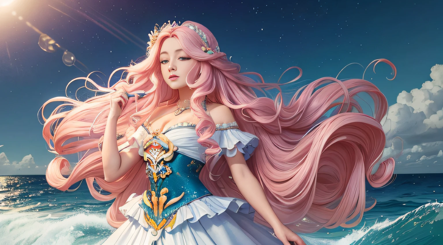 The little lady with long pink hair is on the scene in the world of the sea，It gives a sense of vitality and femininity。Her long hair was as soft as silk，Delicadamente coberta sobre os ombros，Dancing gently with the wind。Cada fio de cabelo exala um leve brilho，Parece ser iluminado pelo calor do sol。 Her hair color is a delicate pink，As bright and moving as a blooming flower。This color gives a fairytale feel，Era como uma princesa saindo do reino da fantasia。Realistic, Detailed and perfect appearance，Temperamento frio，Inadvertidamente escovando mil estilos，Joan's nose is delicate，The small cherry mouth is slightly hooked，(fotorrealista)，(Pele super delicada)Long pink hair swayed gently with her movements，Apresenta um sentido de movimento e vida。The young woman is dressed in a fresh navy-themed outfit。Ela usa um xale rosa com uma textura de tule，It is embroidered with patterns of marine life，Como peixes pequenos、Estrelas do mar e corais。The edges of the shawl are decorated with fluffy feathers，Deixa todo o look mais leve。Her dress is made of blue and white, like the ripples of waves。A bainha da saia tem uma camada de fios fofos transparentes，It flows like a ripple of water，Era como se pequenas ondas estivessem batendo contra o recife。The waist of the skirt is embellished with sequins and shell ornaments，Como uma joia marinha brilhante。A jovem pisou em um par de salto agulha rosa，The upper part is inlaid with motifs of pearls and marine elements，Deixe todo o seu visual mais perfeito。She wears a pale pink pearl bracelet in her hand，Vai bem com a cor do cabelo。 No ambiente do mundo marinho，A pequena senhora com longos cabelos cor-de-rosa tornou-se uma bela paisagem。The details of their clothes and physical features show their unique charm，Gives a feeling of freshness、romantic feeling。