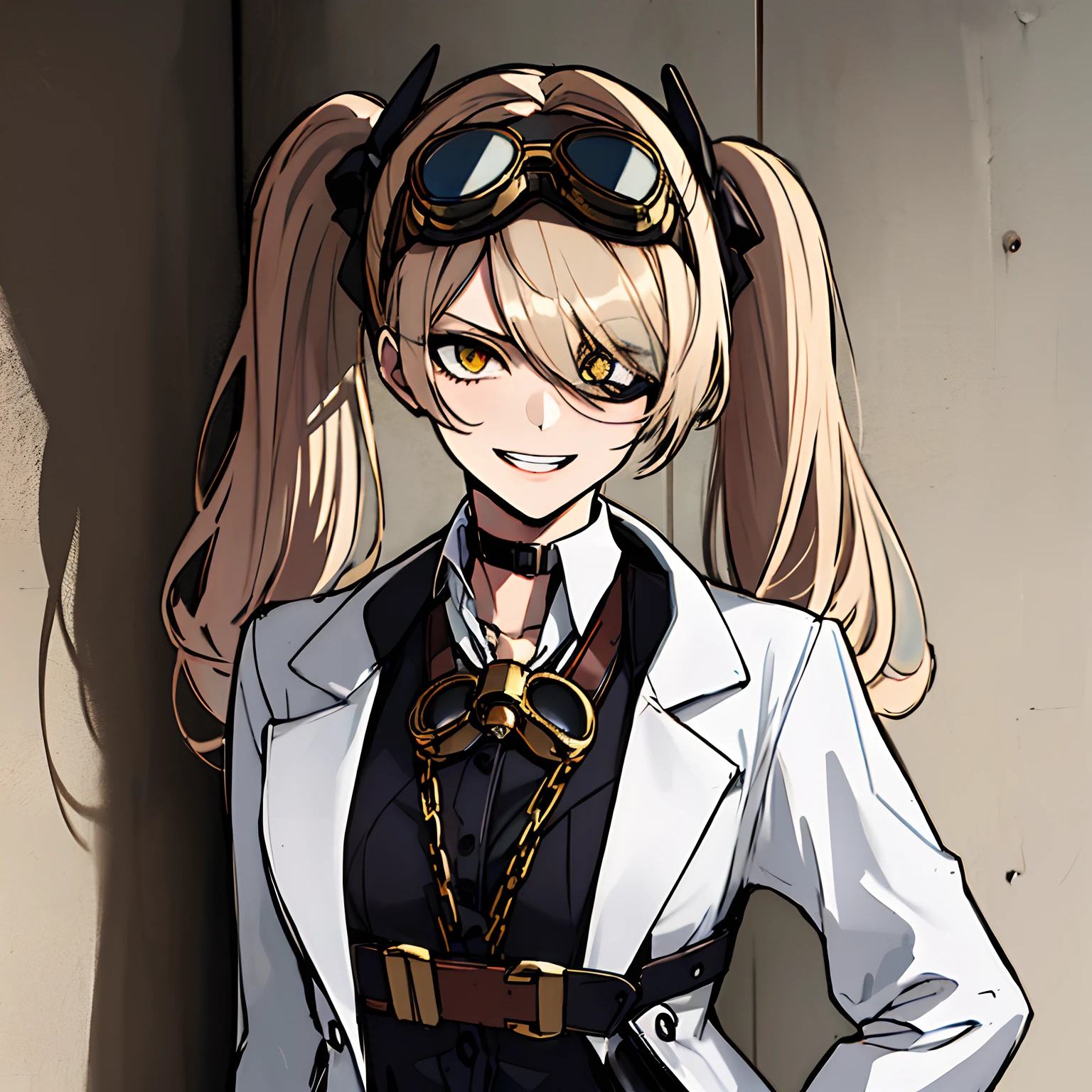 (absurdres, 8k, 4k, masterpiece, hyper extreme detailed:1.2), solo, 1girl, front view, perfect face, 1girl, portrait, expressive eyes, looking at viewer, solo, standing, Female, girl with goggles and a chain around her neck, cyber goggles, victorian goggles, round goggles, goggles, cyberpunk monocle!, ( steampunk ), (steampunk), goggle eyes, steampunk googles, steampunk goggles, wearing victorian brass goggles, weak, female, small breasts, pale, cream colored hair, long hair, gold eyes, swept bangs, slim, slender, intelligent, genius, mad scientist, twin tails, Inventor, confident, perfect anatomy, steampunk, fingerless gloves, chest harness, pervert, egotistical, half body, lab coat, belts, crazy face, crazy eyes, crazy smile, white room background, 1girl, futuristic, standing, monocle, lab coat with collar, white shirt, white hair, leaning against wall, hands in pockets, looking towards viewer, choker, covered left eye,