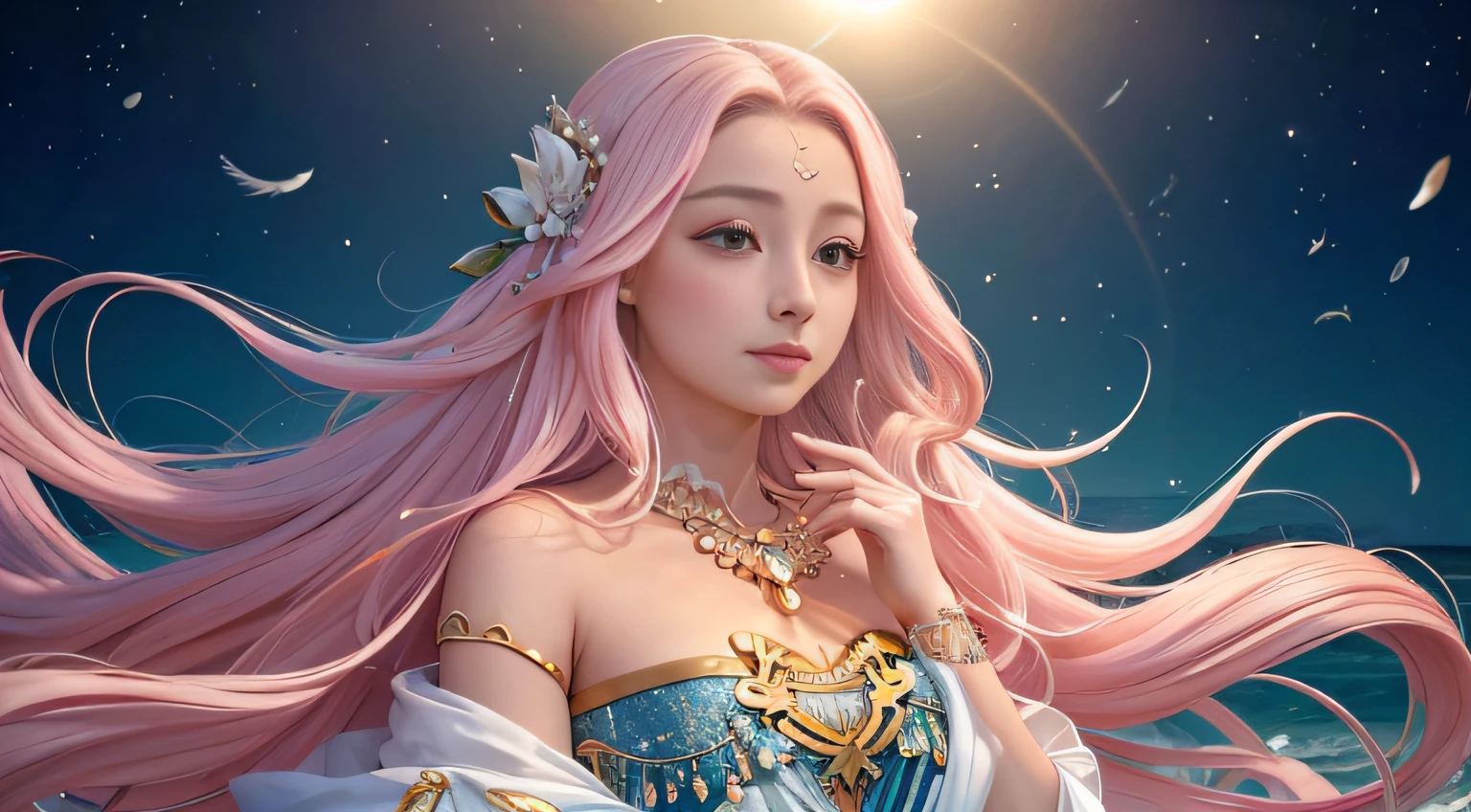 The little lady with long pink hair is on the scene in the world of the sea,It gives a sense of vitality and femininity。Her long hair was as soft as silk,Delicadamente coberta sobre os ombros,Dancing gently with the wind。Cada fio de cabelo exala um leve brilho,Parece ser iluminado pelo calor do sol。 Her hair color is a delicate pink,As bright and moving as a blooming flower。This color gives a fairytale feel,Era como uma princesa saindo do reino da fantasia。Realistic, Detailed and perfect appearance,Temperamento frio,Inadvertidamente escovando mil estilos,Joan's nose is delicate,The small cherry mouth is slightly hooked,(fotorrealista),(Pele super delicada)Long pink hair swayed gently with her movements,Apresenta um sentido de movimento e vida。The young woman is dressed in a fresh navy-themed outfit。Ela usa um xale rosa com uma textura de tule,It is embroidered with patterns of marine life,Como peixes pequenos、Estrelas do mar e corais。The edges of the shawl are decorated with fluffy feathers,Deixa todo o look mais leve。Her dress is made of blue and white, like the ripples of waves。A bainha da saia tem uma camada de fios fofos transparentes,It flows like a ripple of water,Era como se pequenas ondas estivessem batendo contra o recife。The waist of the skirt is embellished with sequins and shell ornaments,Como uma joia marinha brilhante。A jovem pisou em um par de salto agulha rosa,The upper part is inlaid with motifs of pearls and marine elements,Deixe todo o seu visual mais perfeito。She wears a pale pink pearl bracelet in her hand,Vai bem com a cor do cabelo。 No ambiente do mundo marinho,A pequena senhora com longos cabelos cor-de-rosa tornou-se uma bela paisagem。The details of their clothes and physical features show their unique charm,Gives a feeling of freshness、romantic feeling。