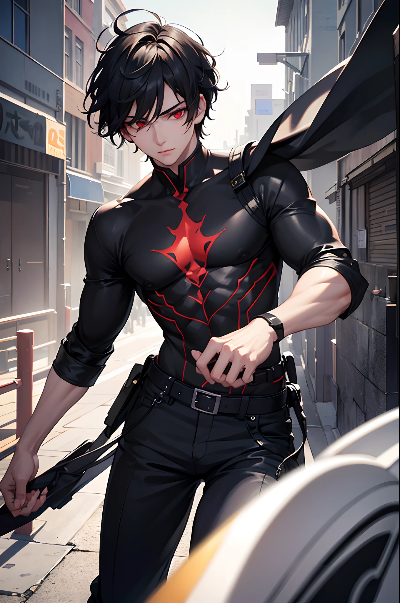 Valus is an ordinary demon standing at 1. 75m tall. He has short black hair and red eyes. His skin is pale. He wears a black uniform with a white shirt underneath and black boots. Big bulge in pants