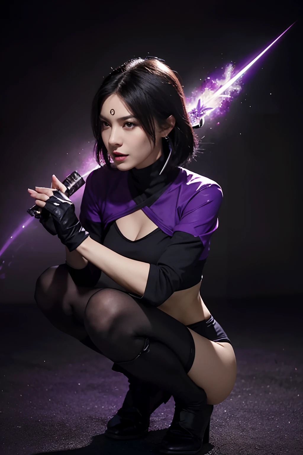 (masterpiece, top quality, best quality, official art, beautiful and aesthetic:1.2), (1girl:1.3), (fractal art:1.3), solo, Mileena from mortal kombat, Mortal Kombat video game,Millina Mortal Kombat 11, Mileena is a mutant hybrid clone of Kitana, black headband,Short hair, huge breasts, scary face with scary mouth and scary teeth , face mask, asian lady, purple black ninja uniform for lady, black gloves, black brown hair,purple long socks, long purple footwear, (catch Sai in her hands),(using Sai weapon), huge breasts,sexy ninja purple uniform , earrings, midriff, navel,toned, looking at viewer, upper body, fighting stance, the background behindher is Mortal kombat logo , background include mortal komat dragon