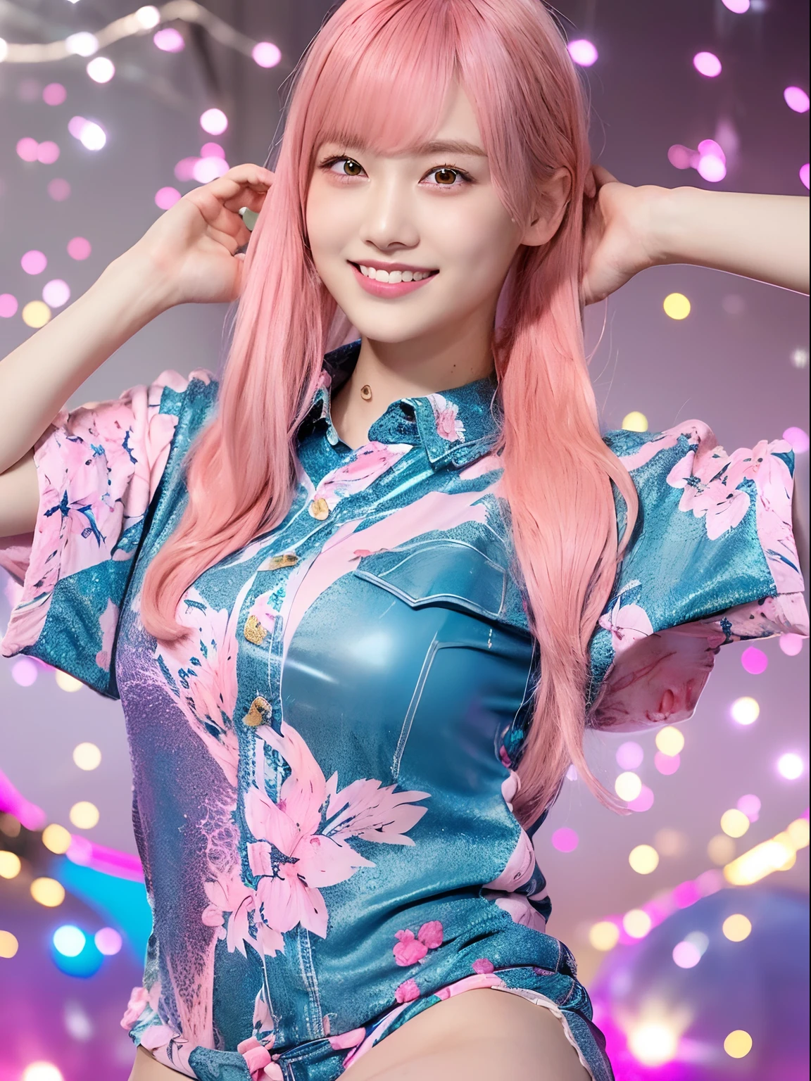 High resolution, ultra-detailliert, ((((2D))), japanes, 1 girl, 16-year-old high school girl, (((A pink-haired)), Complex and beautiful braided hairstyle, Pink Uniform, Uniforms by designers, shortsleeves, (bobhair), Non-glossy fringe, finely eye, Golden Ratio Face, 8 Validity, Sunlight, Complex light particles of iridescent colors, Complex light reflection, Beautiful petal shower, Blue Sky Background, Transparency, Hidden beauty, smil, Detailed description, full bodyesbian, Full of energy, Looking at the viewer, Great explanation, Complex charm, Kindness overflowing from within, Neon light, Beautiful thin petals or dancing, little skin exposure, dynamism,