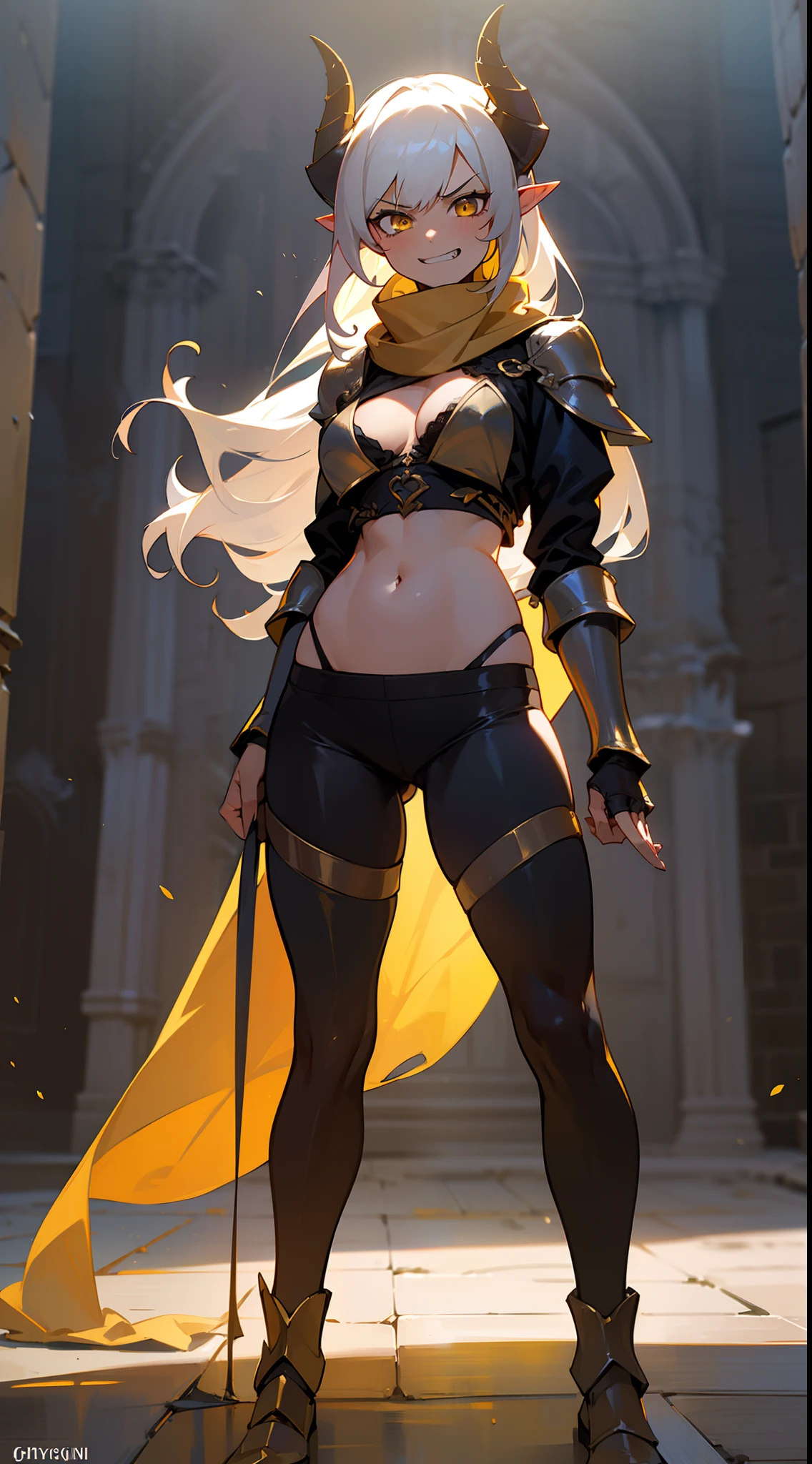 girl,brown skin, hidden arms,long hair, white hair,curly hair,yellow eyes,(((villain,psycho,villain smile, psychopath, angry))), medium boobs,show belly,gold armor outfit, black small shirt,long black stockings, detailed clothes, masterpiece, hyper realistic, high definition,black horns,black pantyhose,elves ears,(yellow scarf),(((standing inside of a castle))),cowboy shot