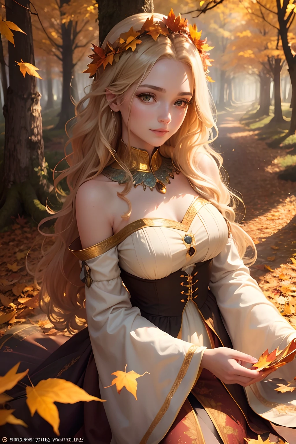 (best quality,4k,8k,highres,masterpiece:1.2),ultra-detailed,realistic:1.37,quirky,tall,deific woman with wavy blonde hair and yellow eyes,autumn personification,fall colors,portraits,autumn leaves,enchanted forest,ethereal beauty,vibrant sunlight,fallen acorns,stunning background,autumnal attire,leaves swirling around,constantly changing scene,graceful posture,captivating smile,vivid colors,lush scenery,whimsical charm,dreamlike ambiance,majestic aura,mesmerizing gaze,soft golden light,leaves in her hair,serene expression,autumn goddess,hint of mystery,rich textures,piercing gaze,autumnal breeze,rustling leaves,subtle warmth,fallen leaves carpeting the ground,glowing eyes amidst the foliage,autumnal crown,utter elegance,natural beauty,gentle sunlight filtering through the trees,autumn's divinity,wisps of swirling leaves,vibrant atmosphere,magical presence.