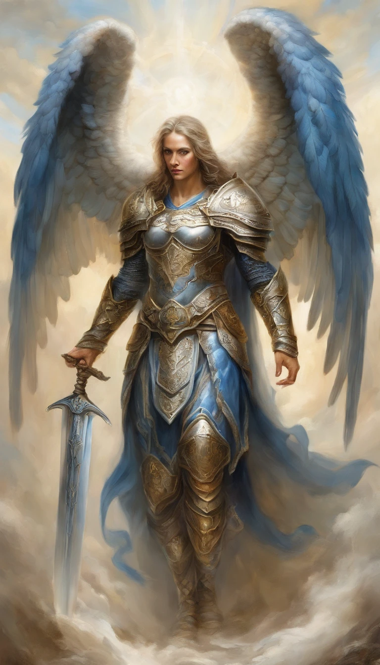(best quality,ultra-detailed,realistic:1.37),angelic,charismatic,strong-winged,guardian angel,heavenly armor,shimmering shield,sacred sword,battle-ready,divine warrior,wisps of divine light,serene expression,awe-inspiring presence,celestial beauty,sacred aura,commanding posture,intricate armor details,feathers gently floating,seven majestic wings,divine protection,piercing blue eyes,intense focus,heavenly glow,infinite grace,shimmering golden accents,powerful stance,ready to vanquish evil,heaven's champion