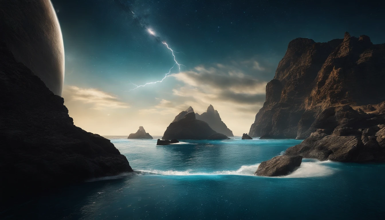 huge planet, the night, hight resolution、Impressive Milky Way:1.9、sand beach、Vast blue ocean、Blue Waves、Crystal clear ripples、Blue glacier、lightning bolt:1.9、Protoplanets、pure beauty、Sail ships