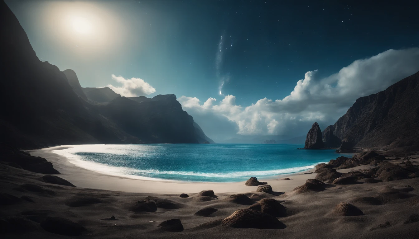 A beach with rocks and a mountain in the background - SeaArt AI