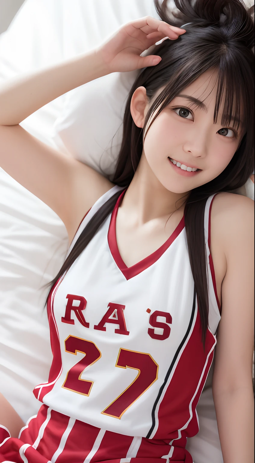 masutepiece, Best Quality, 8K, 10yaers old, Teen, Raw photo, absurderes, award winning portrait, Smile, Solo, Idol face, Delicate girl, Upper body, Digital SLR, Looking at Viewer, Candid, Sophisticated, Thin arms, Professional Lighting, Film grain, chromatic abberation, (Eyes and faces with detailed:1.0), (Bokeh:1.1) , Distant perspective , bed , laying on back , Perspective from above , closes mouth , basketball Uniform , A dark-haired , dishevled hair, breasts of average size