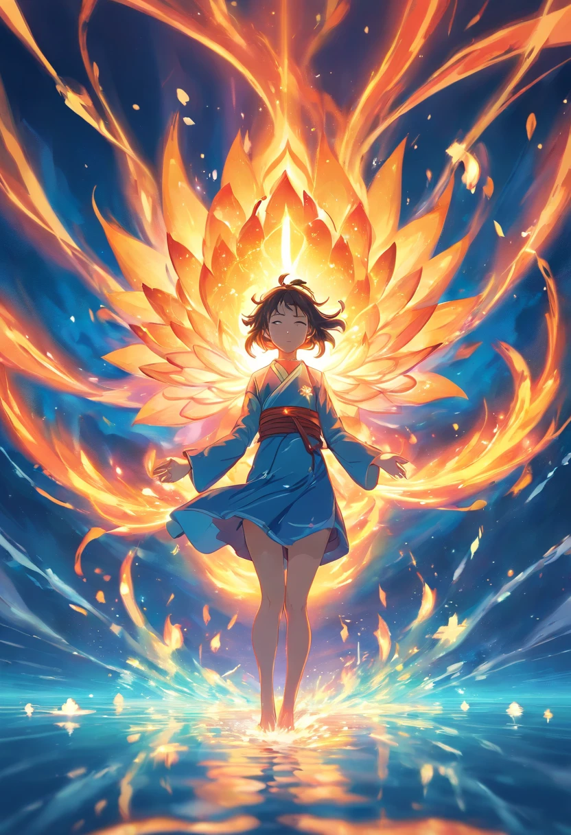 um flor de lotus em chama, a close-up of a reflection of fire and water on a surface, Jen Bartel, holy fire spell art, Dan Mumford e Alex Grey Estilo, Fire reflection, fire and water, Aura de poder. circunstanciado, solstice fire, holy flame spell, Directed by: Jason Benjamin, holy flame crown spell, digital illustration radiating, energy flows of water and fire, lotuses