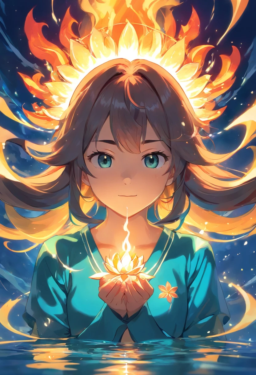um flor de lotus em chama, a close-up of a reflection of fire and water on a surface, Jen Bartel, holy fire spell art, Dan Mumford e Alex Grey Estilo, Fire reflection, fire and water, Aura de poder. circunstanciado, solstice fire, holy flame spell, Directed by: Jason Benjamin, holy flame crown spell, digital illustration radiating, energy flows of water and fire, lotuses