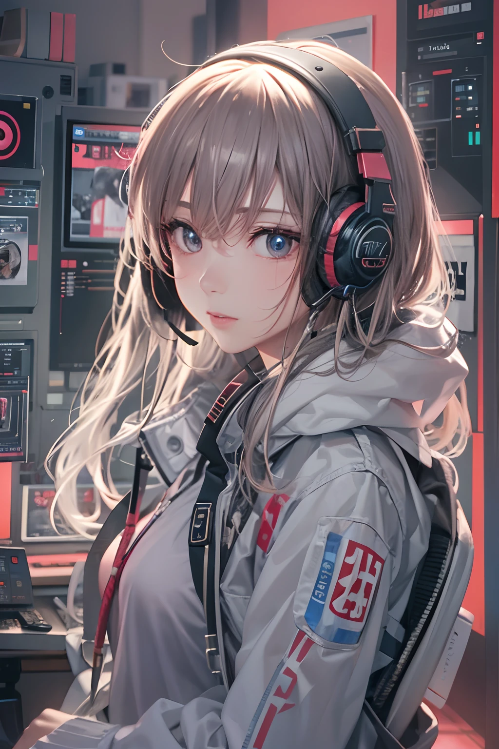 masterpiece, 1 beautiful girl, Detailed eye, Swollen eyes, top-quality, 超A high resolution, (reality: 1.4), 电影灯光, japanes, a asian beauty, very extremely beautiful, Beautiful skins, A slender, Forward-facing body, (A hyper-realistic), (hight resolution), (8K), (ighly detailed), ( Best Illustration), (beautifully detailed eyes), (ultra-detailliert), 详细的脸, Bright lighting, Professional Lighting、The background is a cyberpunk room with a large number of monitors........、The cord is connected from the costume、Long Hair Color Pink、headset on head、small tattoo on face、Female DJ、gazing at viewer