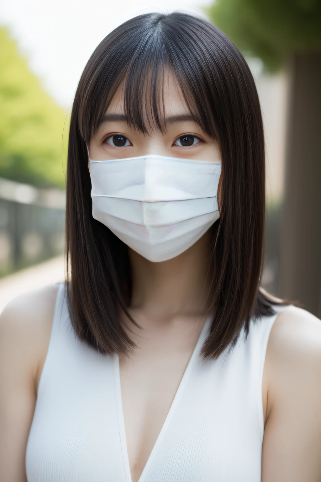 (​masterpiece、high-level image quality、hightquality),A Japanese Lady、in her 20s、(Wearing a mask over the mouth、Virus Prevention),Good looks、(perfect anatomia、Beautiful limbs、Healthy body、Beautiful skin)、Clear black eyes、bobhair、(Model appearance)、Fashionable、Professional filming、