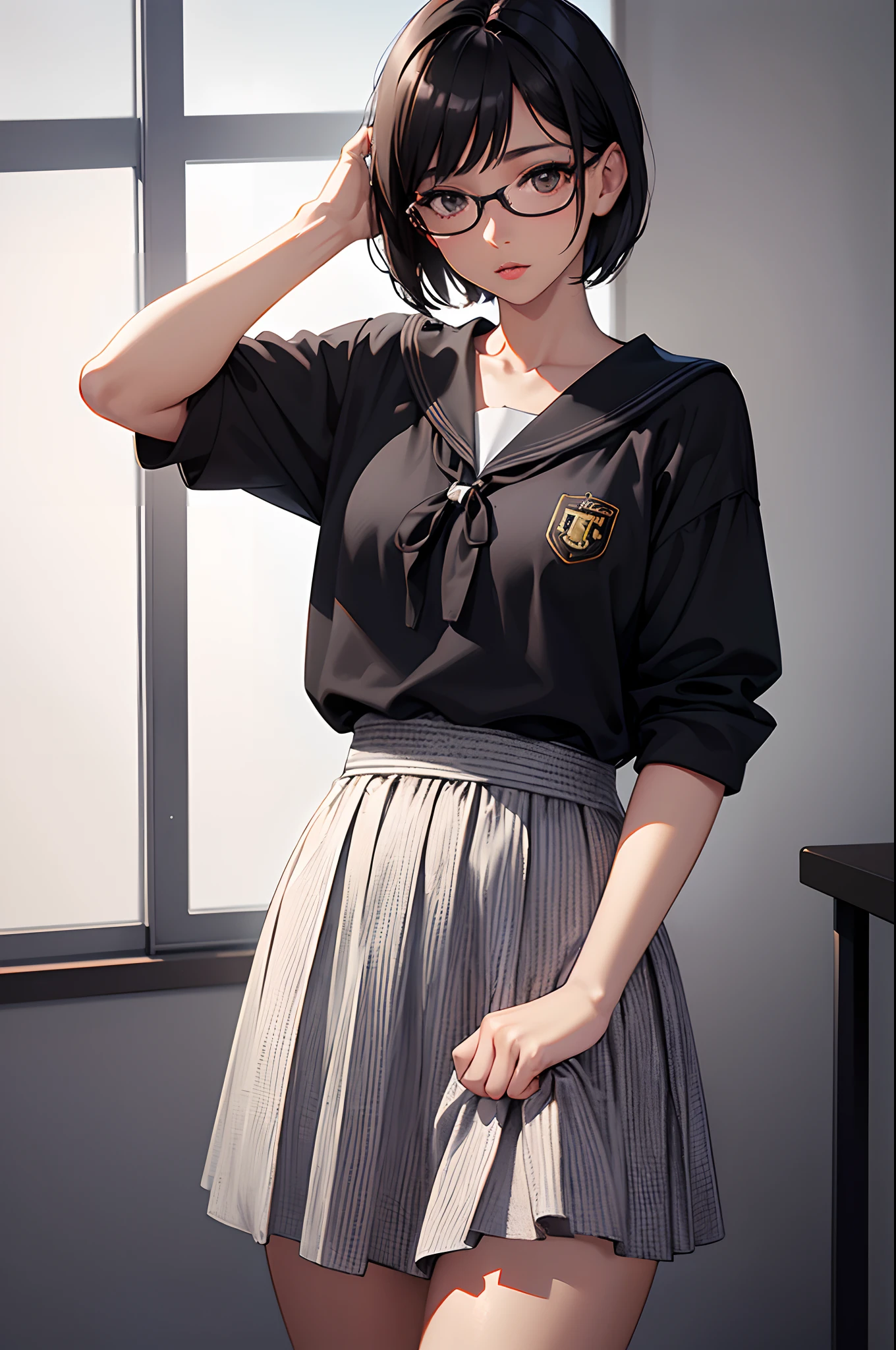 1girl, Beautiful girl, Wear eyeglasses, (Dark skin), A small mole on her left cheek., Body length 150 cm, 20 years old, Brown Skin Girl, .(black short hair, Street hairstyle) , (Black Eyes), realistic eyes, beautiful and big eyes), School uniform clothes, small breasts, (8k wallpaper), (Classroom background) 8k, Quilty Altitude, Realistic, Beautiful realism, outstanding detail, RAW photo, Realistic clothes, short hair hair, Black hair, realistic hair, realistic eyes, Light and cool lighting, realistic photo, Cel shaded, Gel lighting, ultra-detail