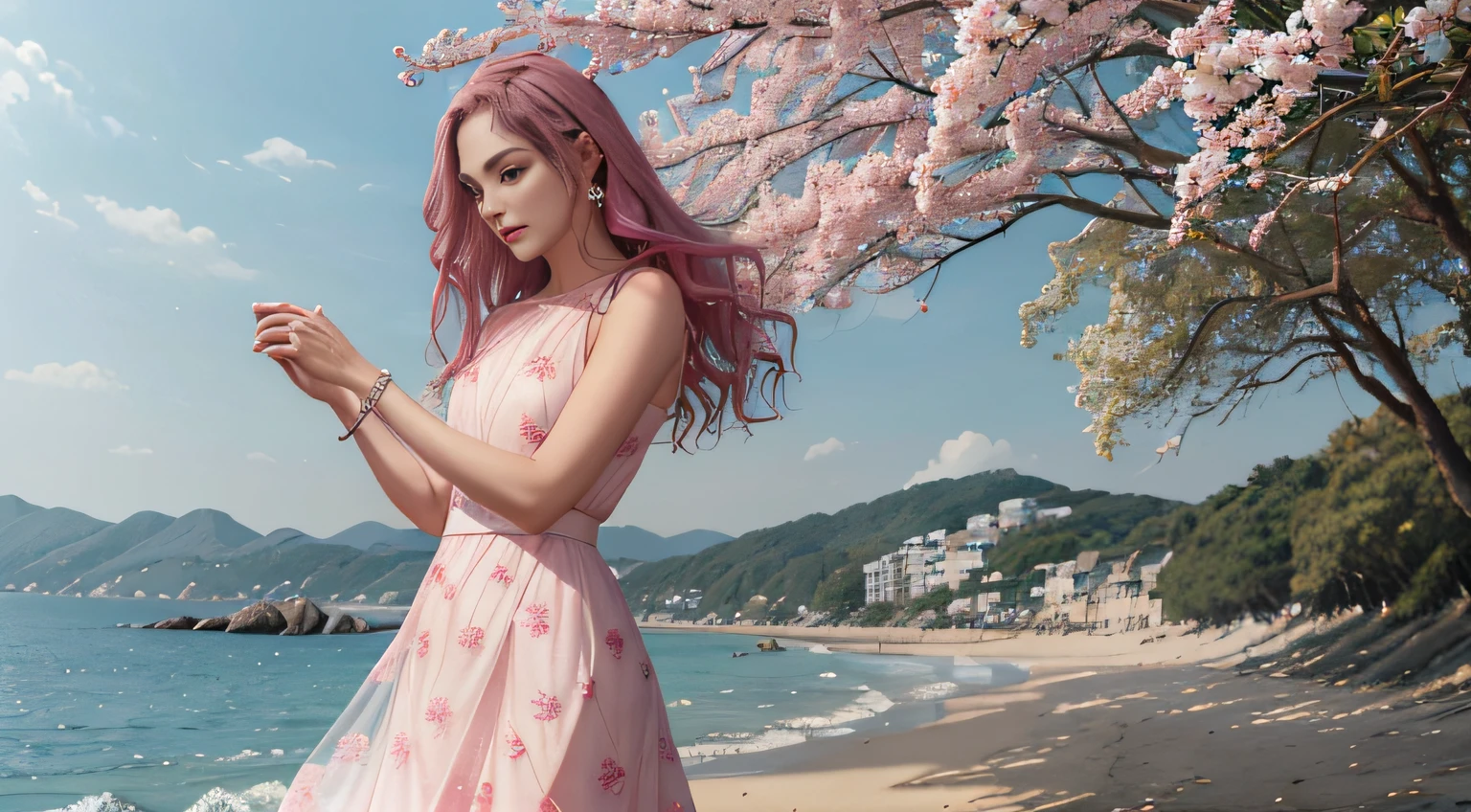 The little lady with long pink hair is on the scene in the world of the sea,It gives a sense of vitality and femininity。Her long hair was as soft as silk,Delicadamente coberta sobre os ombros,Dancing gently with the wind。Cada fio de cabelo exala um leve brilho,Parece ser iluminado pelo calor do sol。 Her hair color is a delicate pink,As bright and moving as a blooming flower。This color gives a fairytale feel,Era como uma princesa saindo do reino da fantasia。Realistic, Detailed and perfect appearance,Temperamento frio,Inadvertidamente escovando mil estilos,Joan's nose is delicate,The small cherry mouth is slightly hooked,(fotorrealista),(Pele super delicada)Long pink hair swayed gently with her movements,Apresenta um sentido de movimento e vida。The young woman is dressed in a fresh navy-themed outfit。Ela usa um xale rosa com uma textura de tule,It is embroidered with patterns of marine life,Como peixes pequenos、Estrelas do mar e corais。The edges of the shawl are decorated with fluffy feathers,Deixa todo o look mais leve。Her dress is made of blue and white, like the ripples of waves。A bainha da saia tem uma camada de fios fofos transparentes,It flows like a ripple of water,Era como se pequenas ondas estivessem batendo contra o recife。The waist of the skirt is embellished with sequins and shell ornaments,Como uma joia marinha brilhante。A jovem pisou em um par de salto agulha rosa,The upper part is inlaid with motifs of pearls and marine elements,Deixe todo o seu visual mais perfeito。She wears a pale pink pearl bracelet in her hand,Vai bem com a cor do cabelo。 No ambiente do mundo marinho,A pequena senhora com longos cabelos cor-de-rosa tornou-se uma bela paisagem。The details of their clothes and physical features show their unique charm,Gives a feeling of freshness、romantic feeling。