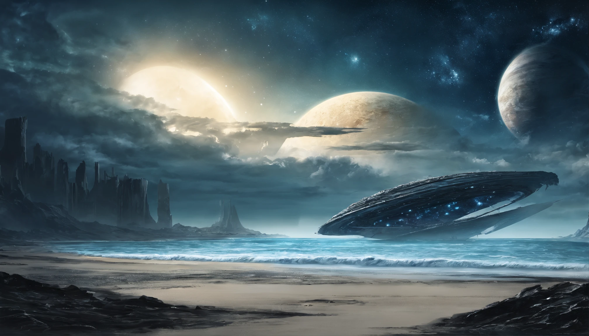 huge planet, the night, starrysky, surrealism, masutepiece, hight resolution、Impressive Milky Way:1.9、sand beach、Vast blue ocean、Blue Waves、Blue glacier、lightning bolt:1.9、Protoplanets、pure beauty