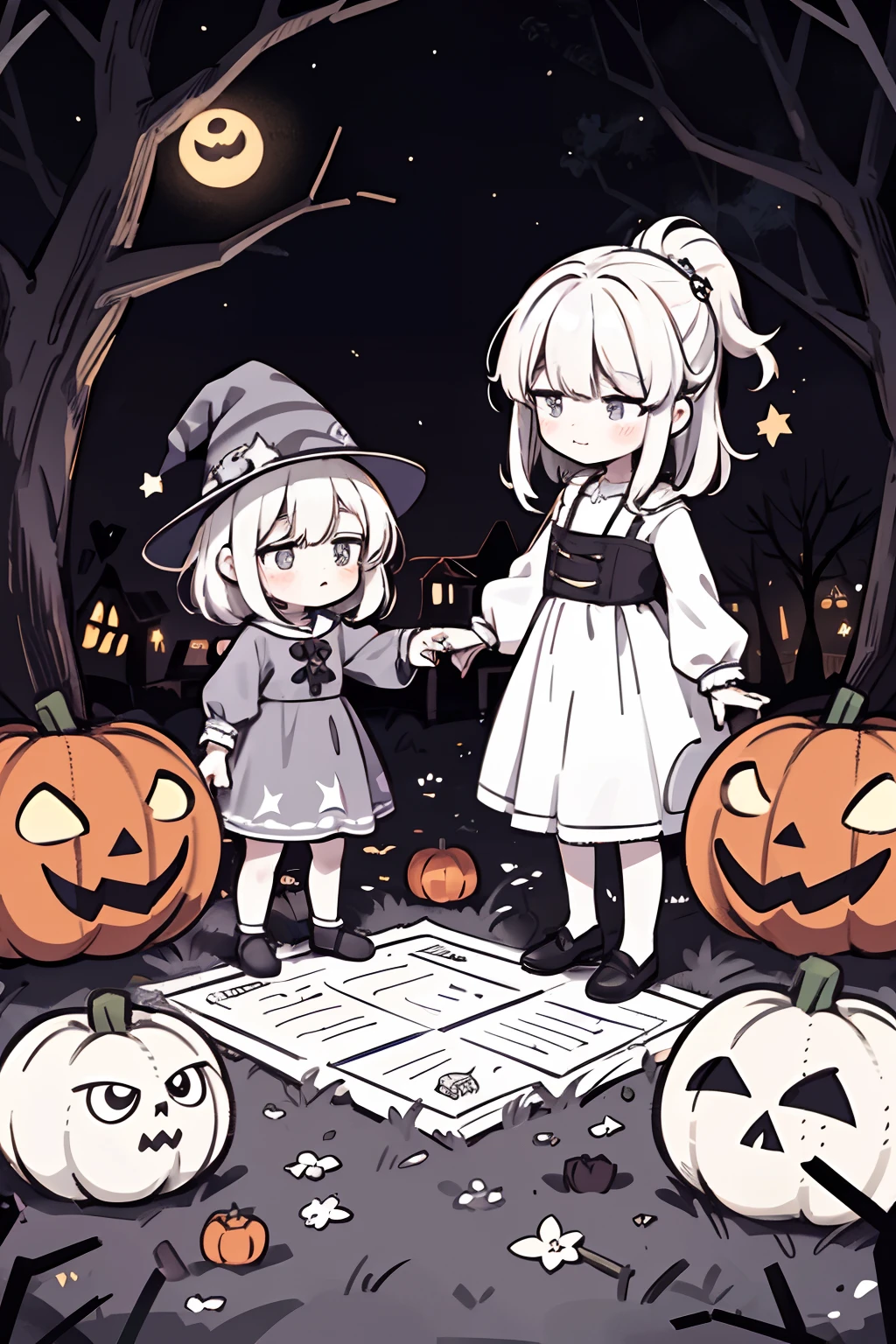 draw a group of very cute young witches and some cute gnomes dancing around some Halloween pumpkins. noite estrelada, lua cheia enorme, Personagens felizes. Lights of a small village at night, morcegos, owls and trees, preto e branco, linhas grossas, Coloring page for child, monochrome colors,