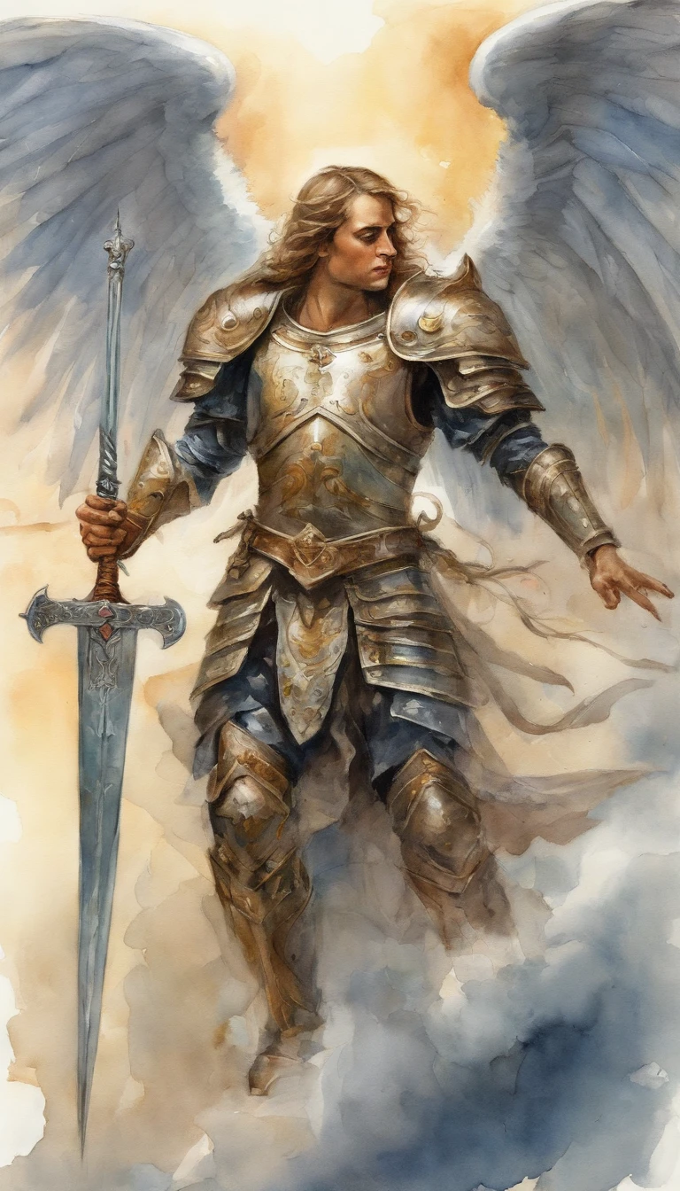 strong angel with heavenly armor, with shield sword, seven wings, ready for battle