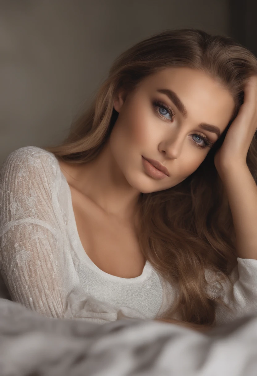 Arafed Femme totalement , Fille sexy aux yeux bleus, ultra realist, Meticulously detailed, Portrait Sophie Mudd, cheveux blonds et grands yeux, selfie of a young woman, Yeux de chambre, Violet Myers, pas de maquillage, Maquillage naturel, Look directly into the camera, Visage avec Artgram, Maquillage subtil, Great photo of the whole body kneeling on the bed, Dans la chambre, Bust of medium to large body