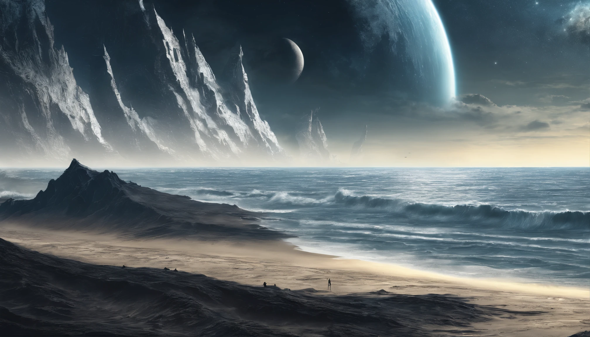 huge planet, the night, starrysky, surrealism, masutepiece, hight resolution、Impressive Milky Way:1.9、sand beach、Vast blue ocean、Blue Waves、Blue glacier、lightning bolt:1.9、Protoplanets、pure beauty