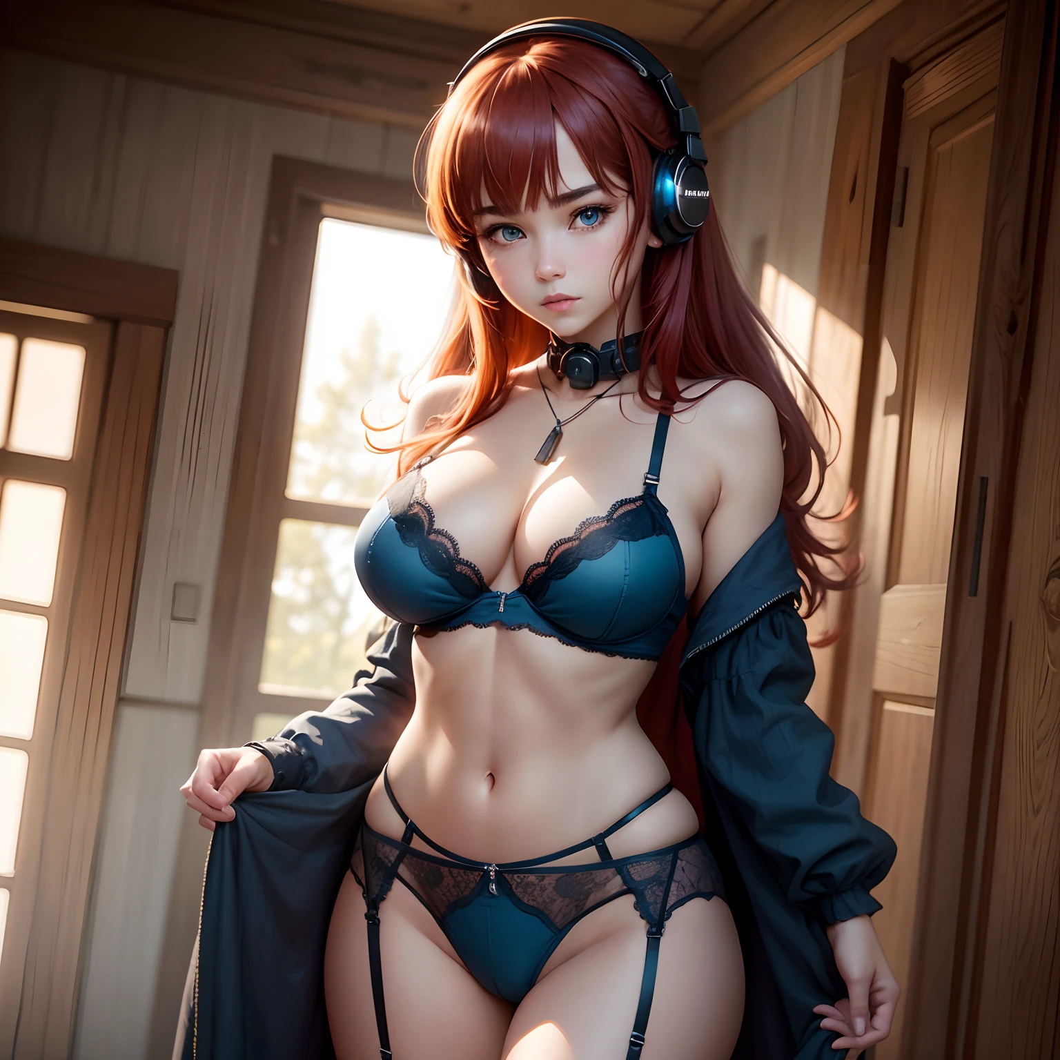 8k, masterpiece, best quality, realistic, higly detailed, cowboy shot, 1girl, solo, miku, emotionless looking girl, medium-length red hair, strands of hair hanging over the right side of her face, a set of wireless headphones that have a triangle-shaped logo on the ear cups around her neck, dark blue eyes, average height, well-endowed figure, large breasts, bangs cover her right eye, Lingerie