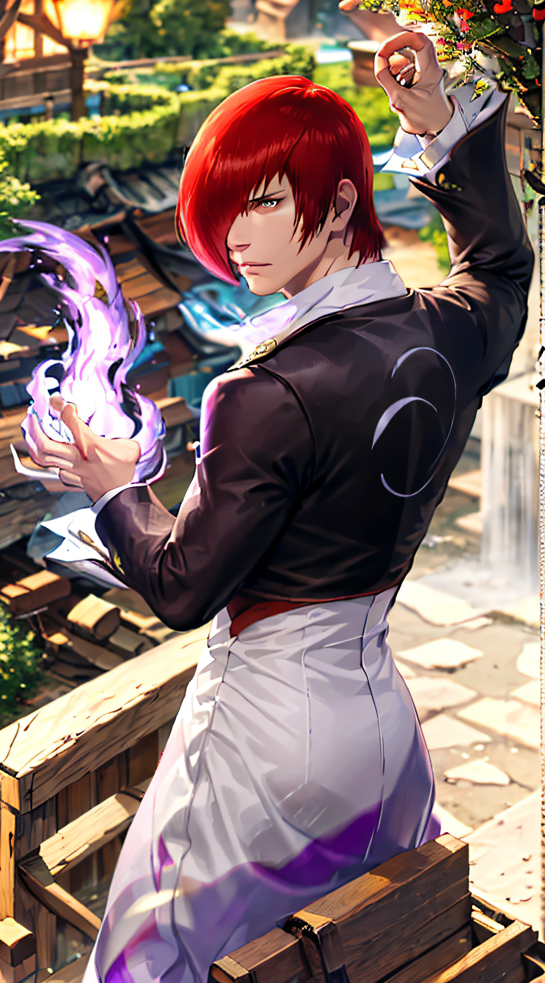 iorikof,1boy,hair over one eye,red hair,short hair,purple fire,fantasy world,isekai,forest,