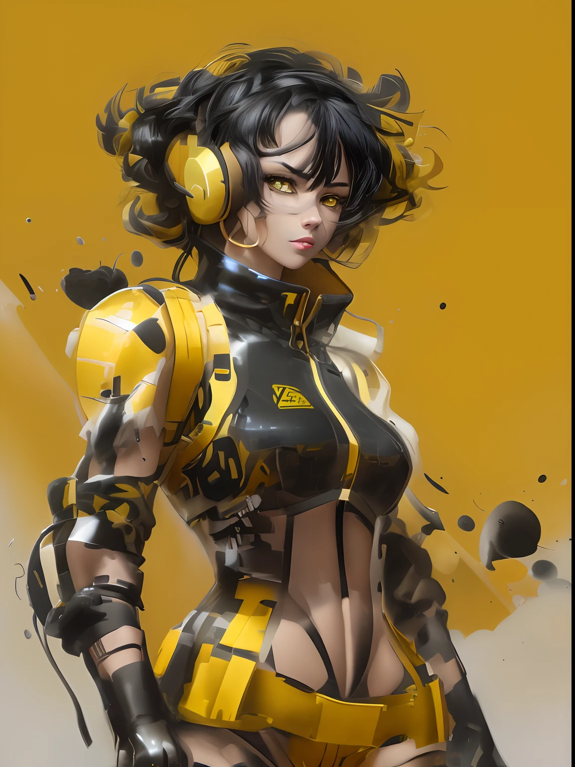 best quality, highres, solo, black hair, a female character is wearing a yellow and black colored outfit with a backpack and a yellow vest, dark black and yellow travel & sports leisure, blue eyes, long hair, hoop earrings, headphones, chunky cuban link jewelry, medium breasts, loose and fluid, pigeoncore, elaborate costumes, neo-dadaist, street, mechanized precision, in the style of mecha sci-fi anime