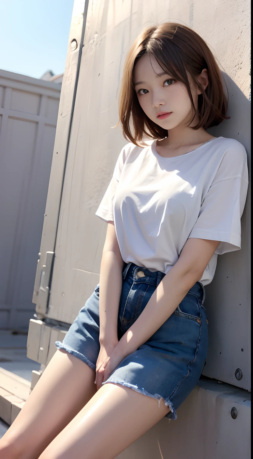 Absurd, top quality, 1 girl, solo, ((Alafed woman standing in front of a brick wall with purse, simple style, white shirt and jeans, Chie Yoshii style, white shirt and blue jeans, Kentaro Miura style!!!!, simple clothes, Tsubasa Nakai's style, simple style, minimalistic!! Simple, Lenanounen Style 3/4, Styling, Full Body)), Choker, (Graffiti: 1.5), Splatters of paint, Paint Doodles, Arms Thrown Back, (Leaning Forward), Lean Back, Leaning Against the Wall, (Tilting to the Side: 0.25), Watch the Viewer, Armbands, Thigh straps, Striped Hair, ((Paint on the body other than the face)), Eyes directed upwards, Head down, Head tilted, (from the side: 0.75), boring, (expressionless: 0.75 masterpiece, flat background