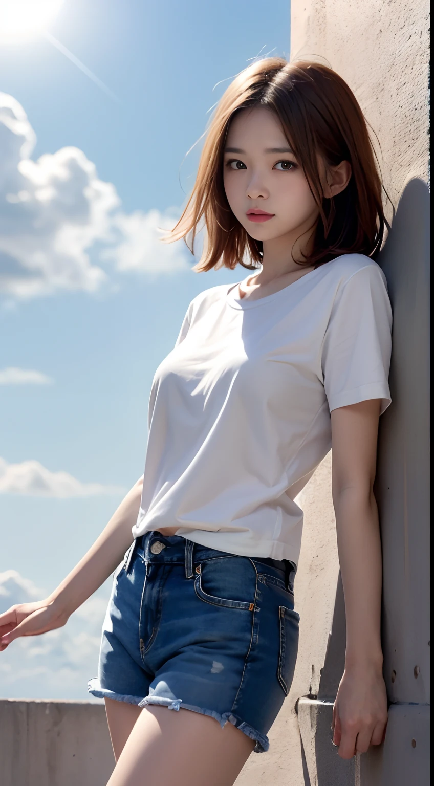 Beautiful girl、Medium Bob Hair、Light brown beautiful hair、White short-sleeved cut and sew、Denim shorts、ample breasts、Sheer nipples、glowing sun、blue-sky、​​clouds、Spring air、Photographed from below、low angles、