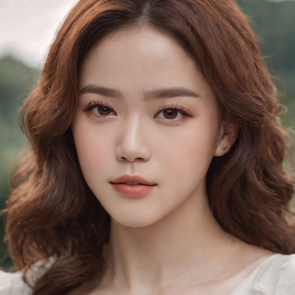 Beautiful, brown eyes and an even oval face with Madina's curly hair. Jimin, with dark hair color. Couple in love, husband and wife. Madina of European appearance and Jimin Korean