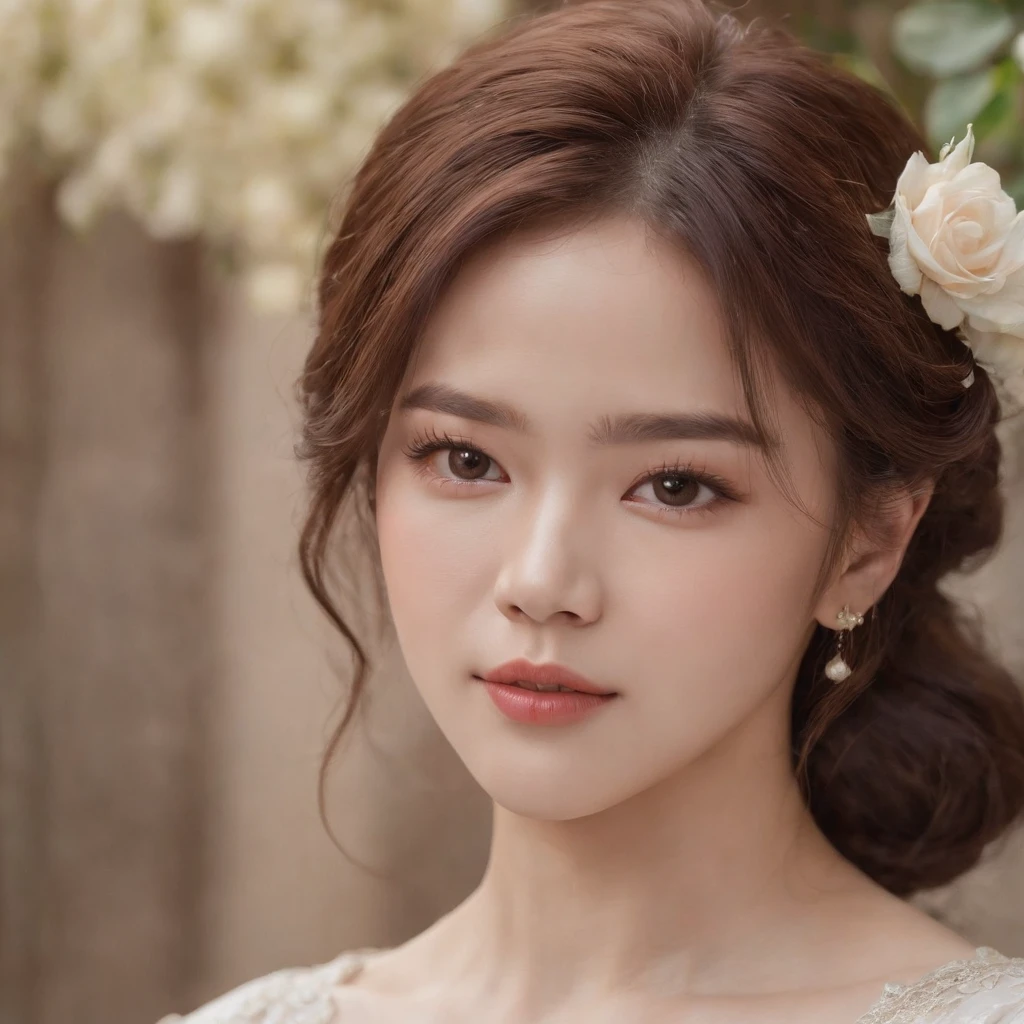 Beautiful, brown eyes and an even oval face with Madina's curly hair. Jimin, with dark hair color. Couple in love, husband and wife. Madina of European appearance and Jimin Korean