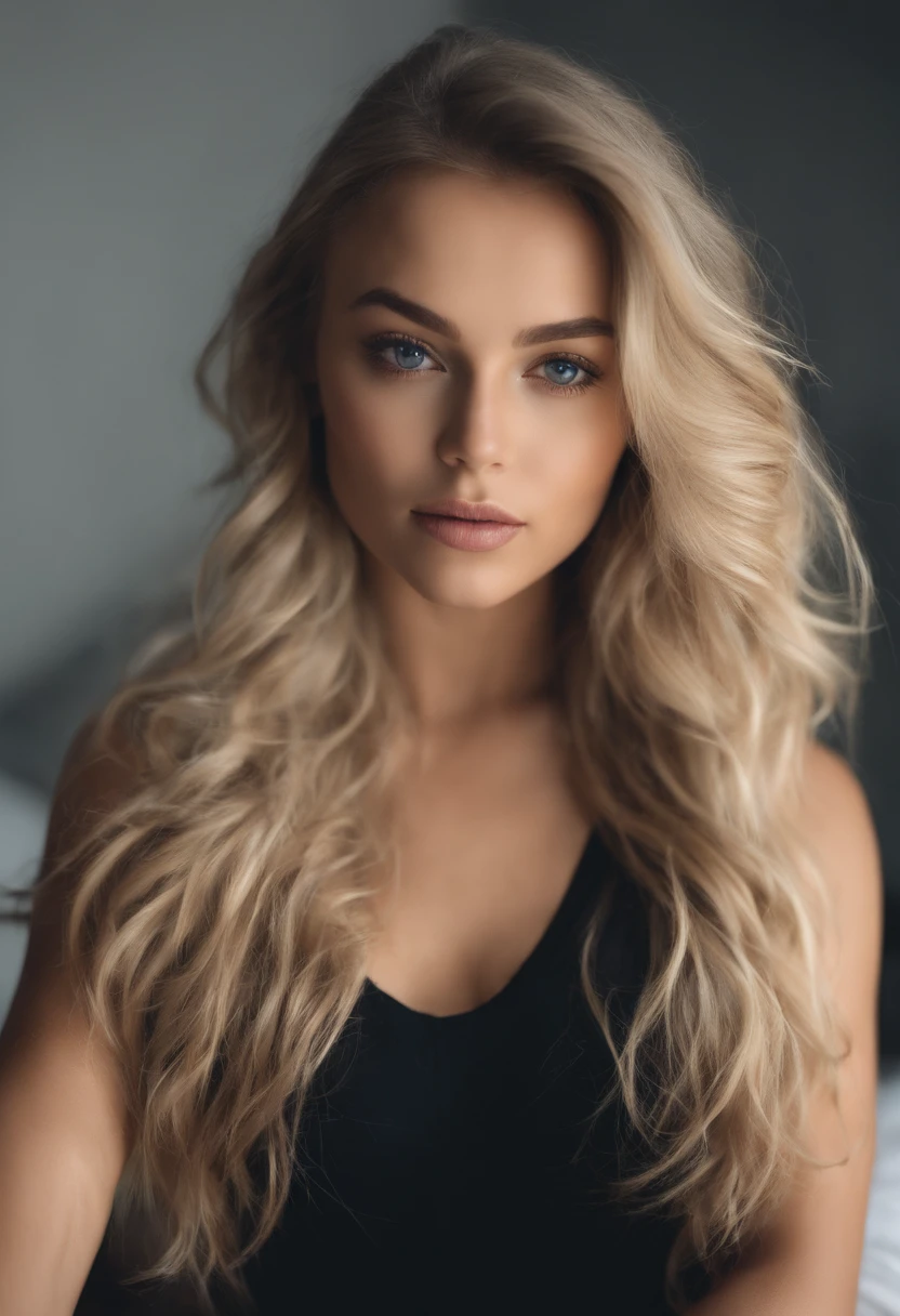 oman with matching tank top and panties, fille sexy aux yeux bleus, Portrait Sophie Mudd, Portrait de Corinna Kopf, cheveux blonds et grands yeux, selfie of a young woman, ohne Maquillage, maquillage naturel, Look directly into the camera, Visage avec Artgram, dezentes Maquillage, Superbe photo du corps entier, dans la chambre, gros seins, Blonde, Latin
